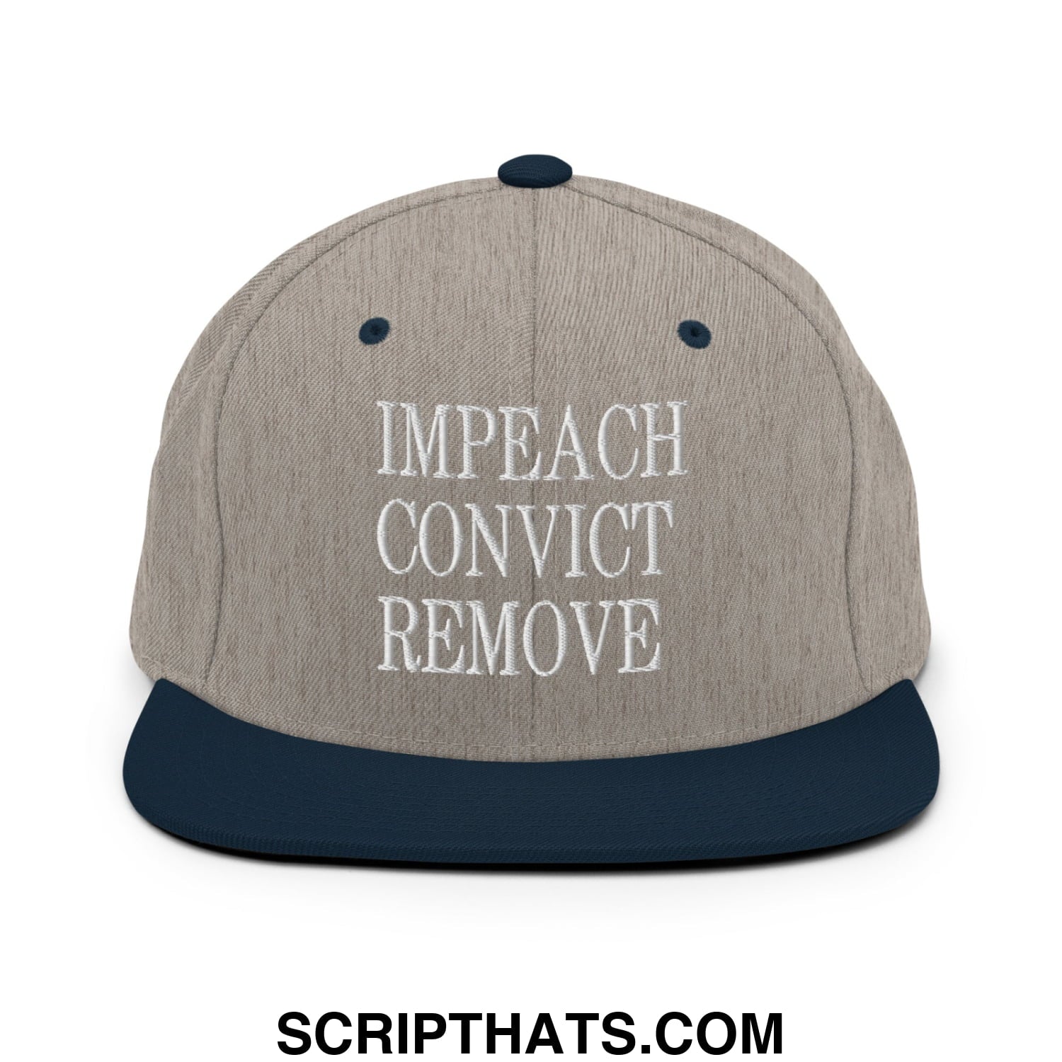 Impeach Convict Remove Embroidered Flat Bill Brim Snapback Hat Heather Grey Navy