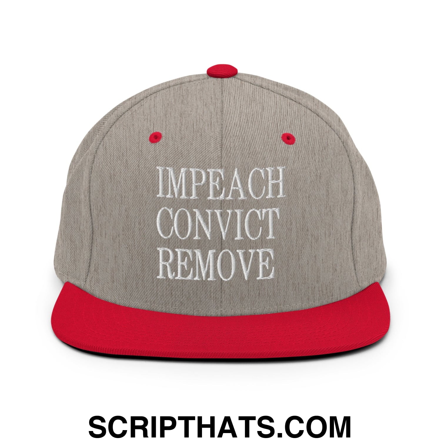 Impeach Convict Remove Embroidered Flat Bill Brim Snapback Hat Heather Grey Red