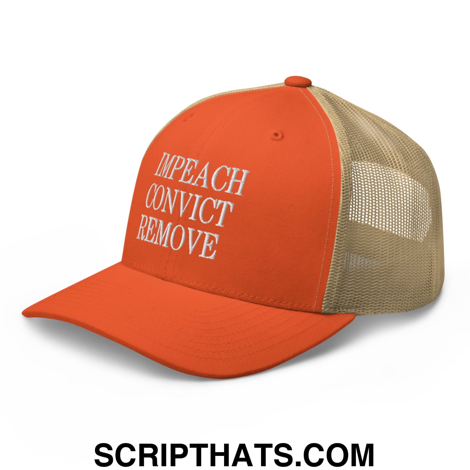 Impeach Convict Remove Embroidered Mesh Trucker Hat Rustic Orange Khaki