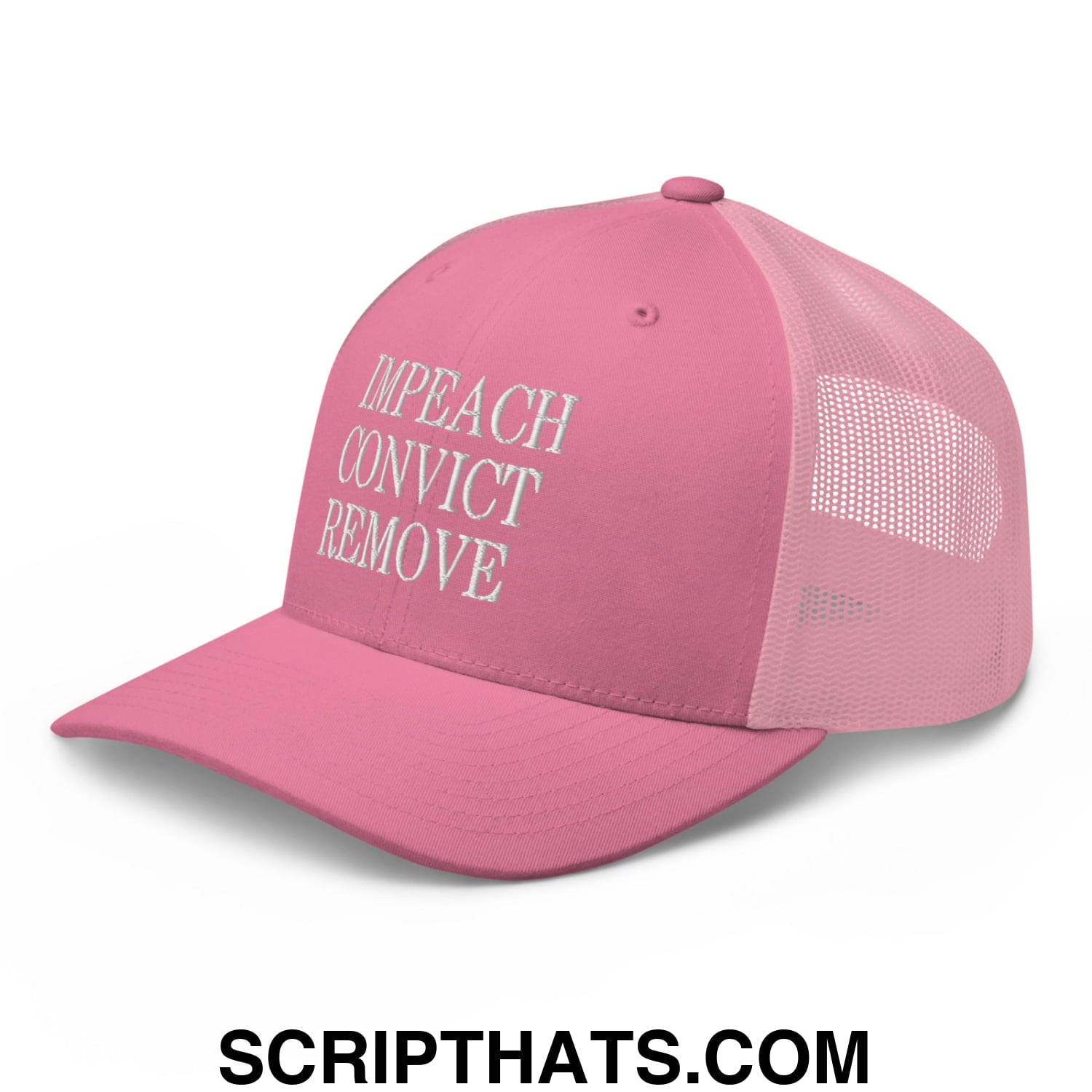 Impeach Convict Remove Embroidered Mesh Trucker Hat Pink