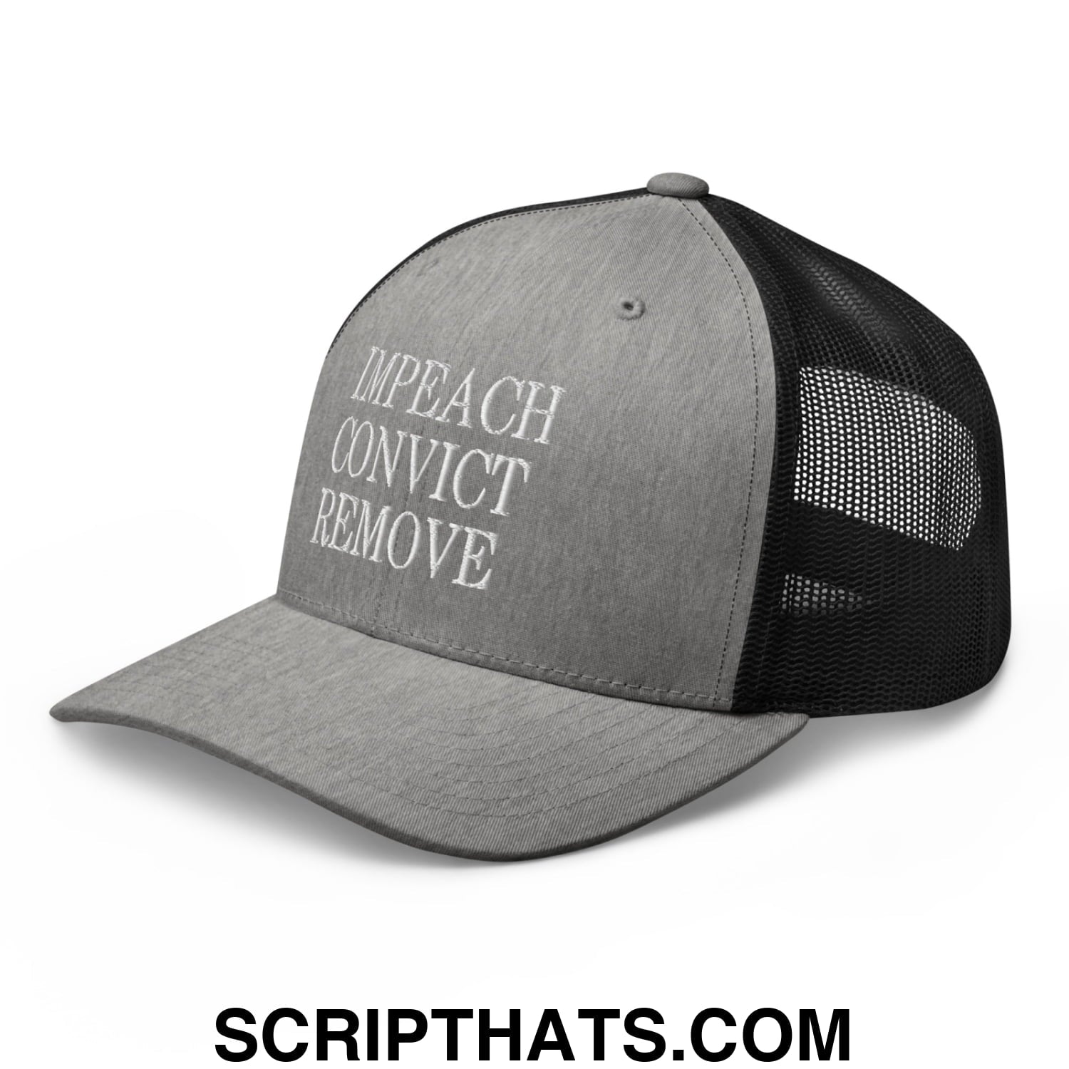 Impeach Convict Remove Embroidered Mesh Trucker Hat Heather Black