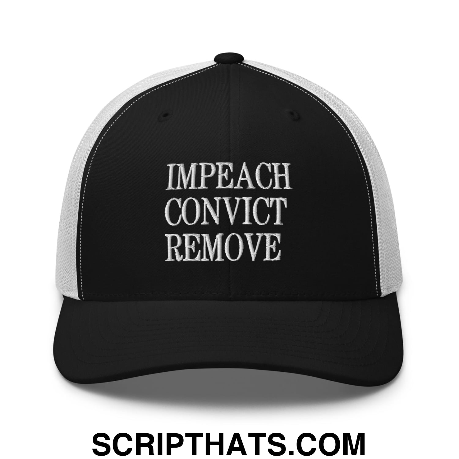 Impeach Convict Remove Embroidered Mesh Trucker Hat Black White