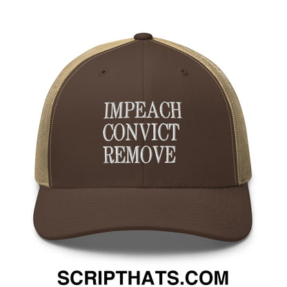 Impeach Convict Remove Embroidered Mesh Trucker Hat Brown Khaki