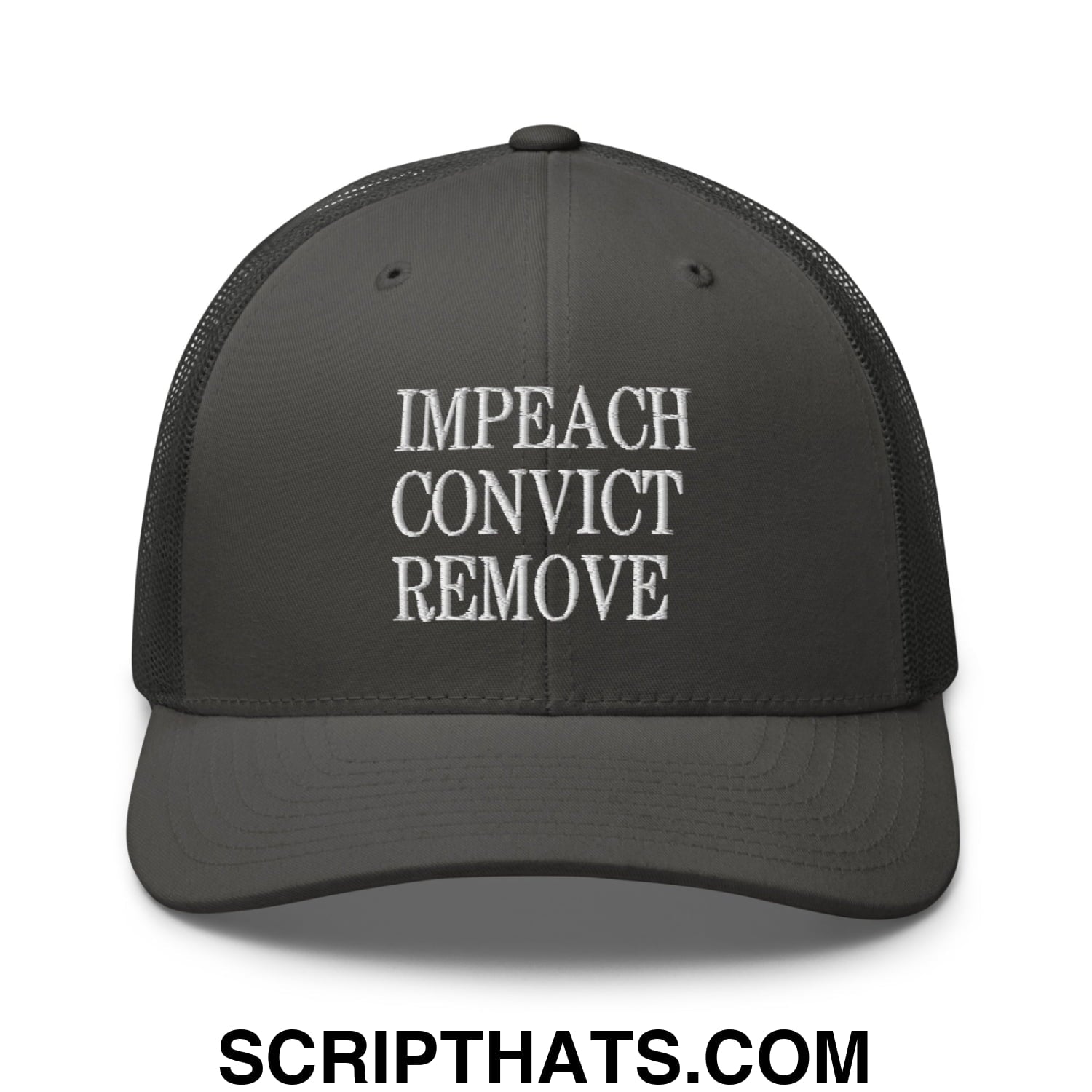 Impeach Convict Remove Embroidered Mesh Trucker Hat Charcoal