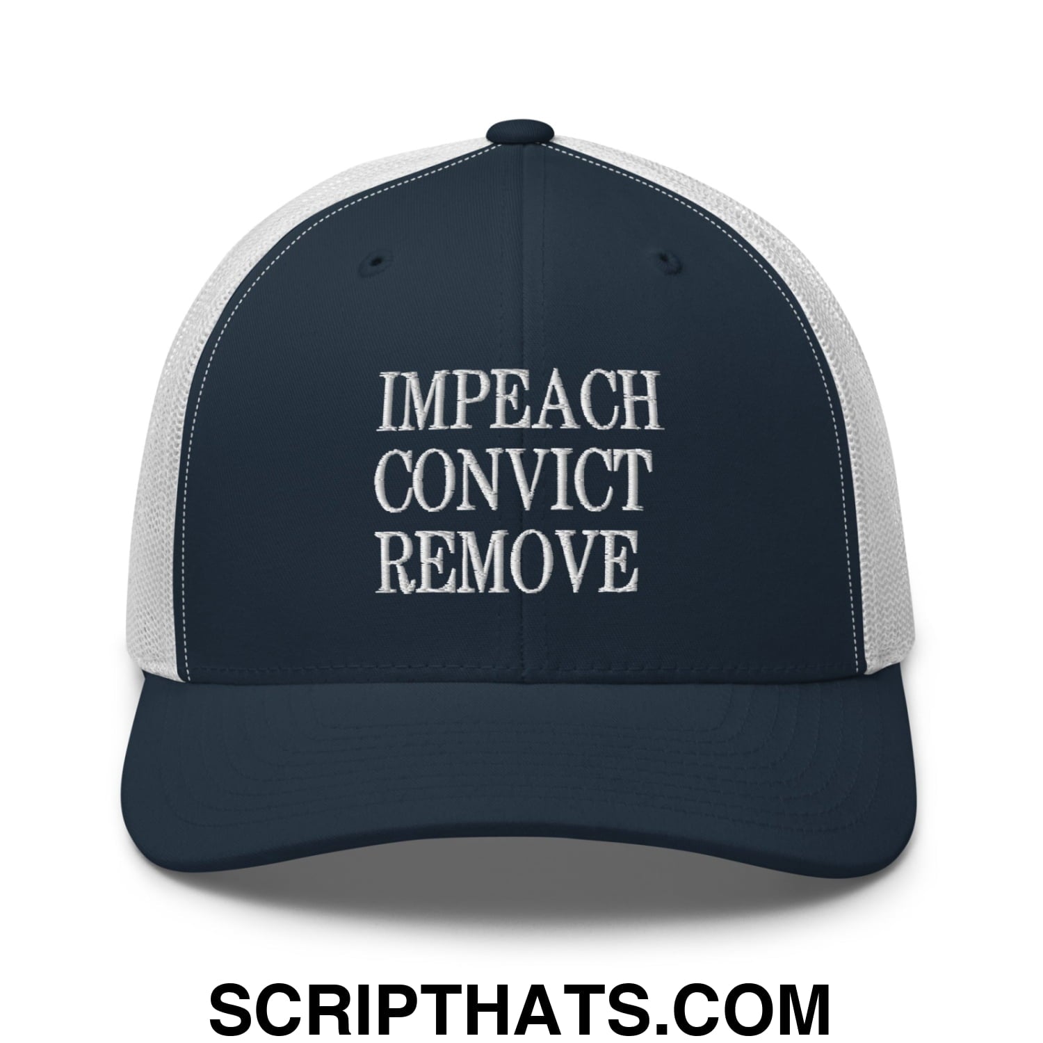 Impeach Convict Remove Embroidered Mesh Trucker Hat Navy White