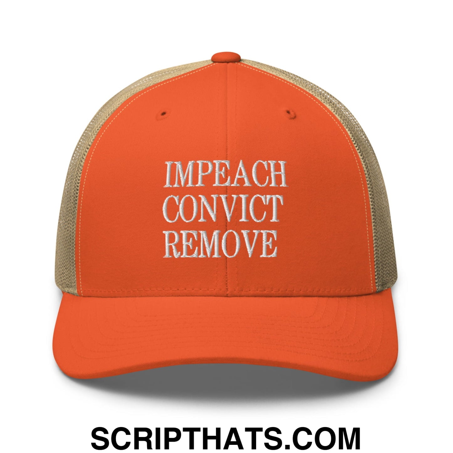 Impeach Convict Remove Embroidered Mesh Trucker Hat Rustic Orange Khaki