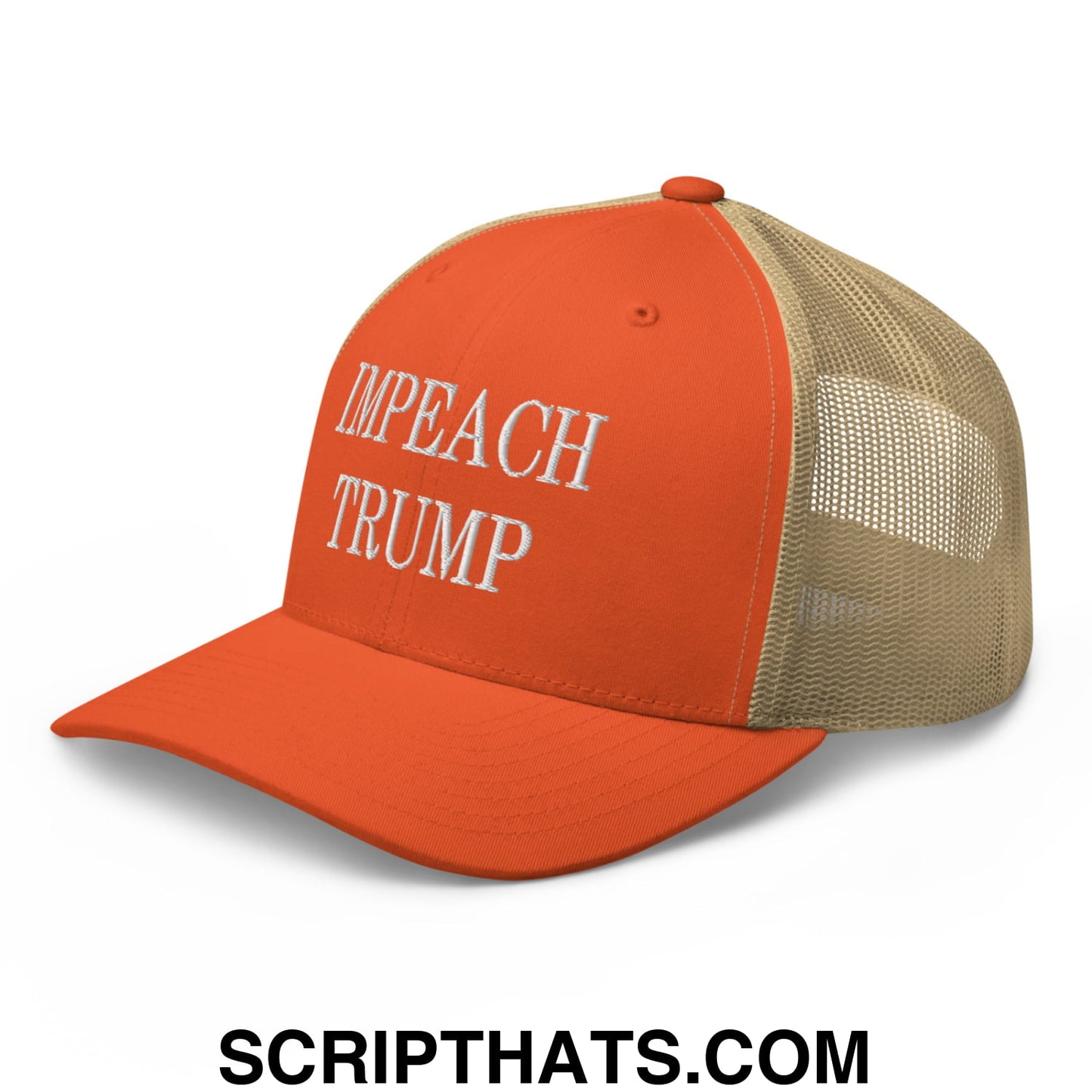 Impeach Trump Embroidered Mesh Trucker Hat Rustic Orange Khaki