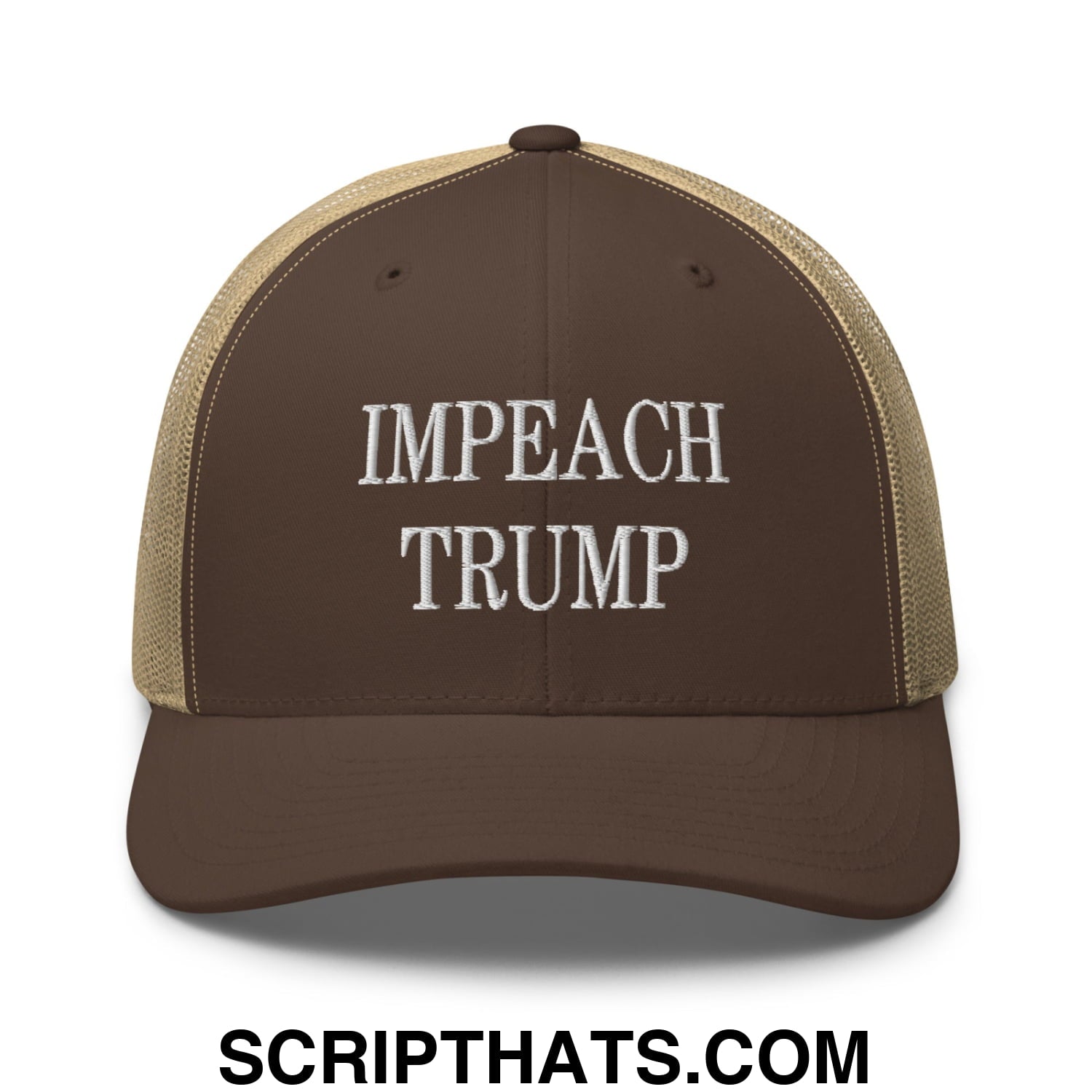 Impeach Trump Embroidered Mesh Trucker Hat Brown Khaki