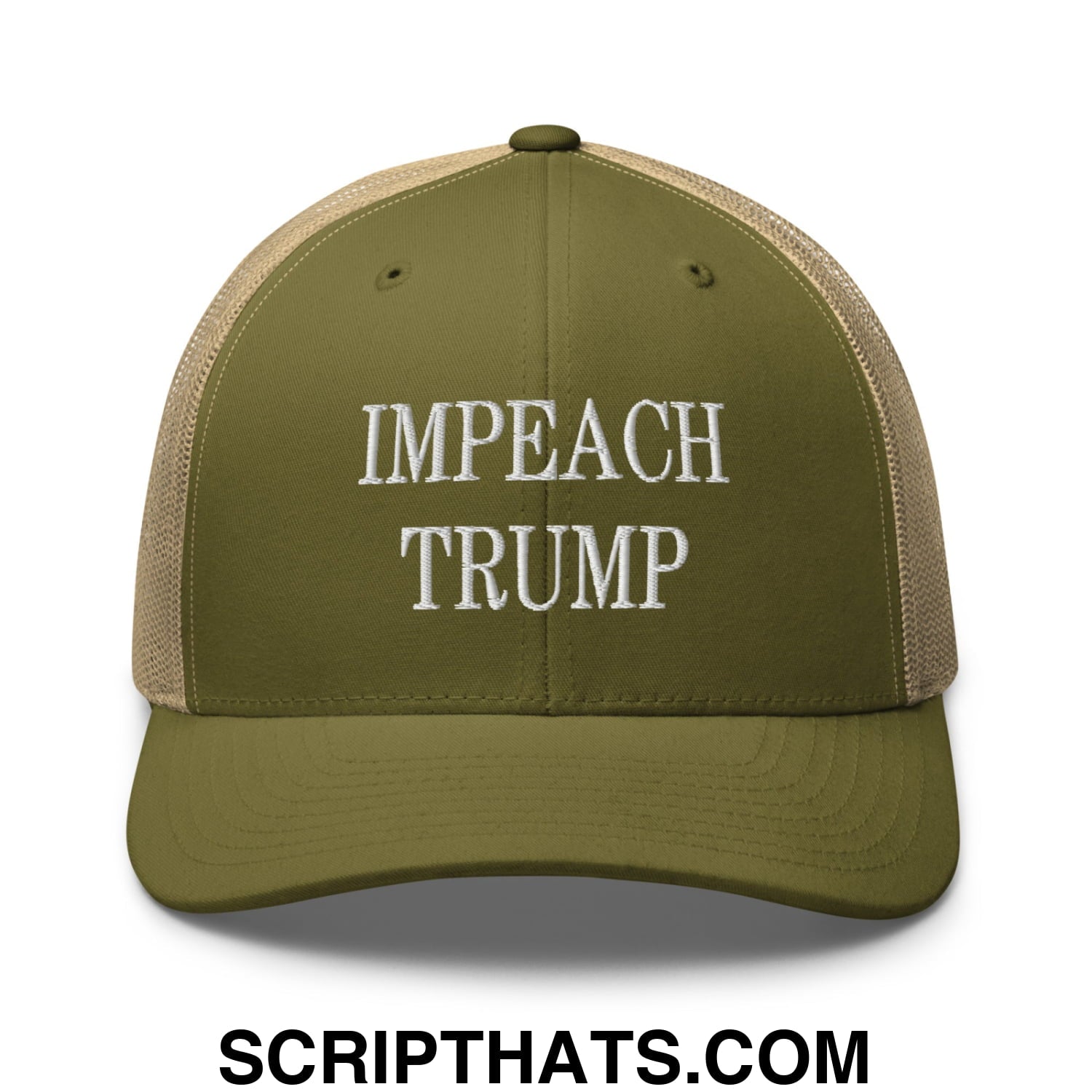 Impeach Trump Embroidered Mesh Trucker Hat Moss Khaki
