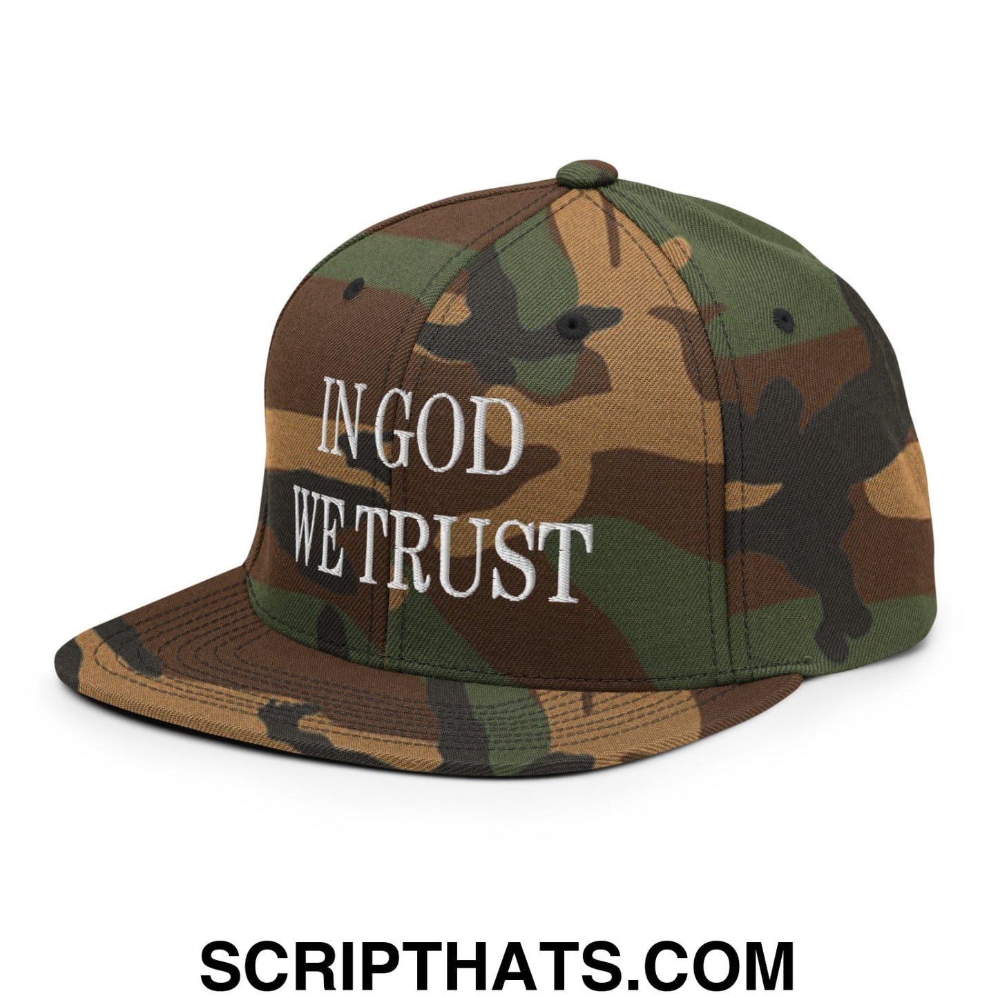 In God We Trust Embroidered Flat Bill Brim Snapback Hat Green Camo