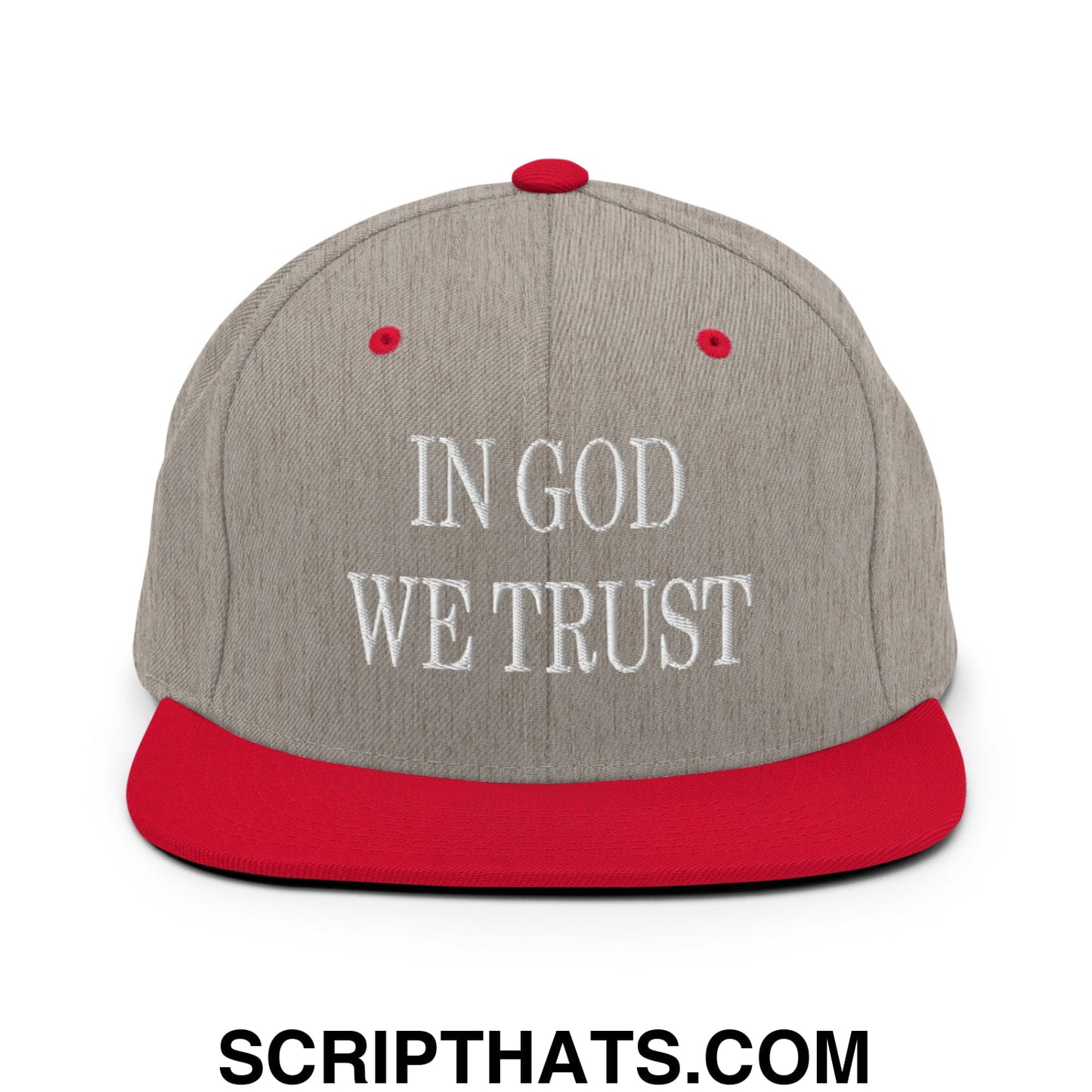 In God We Trust Embroidered Flat Bill Brim Snapback Hat Heather Grey Red