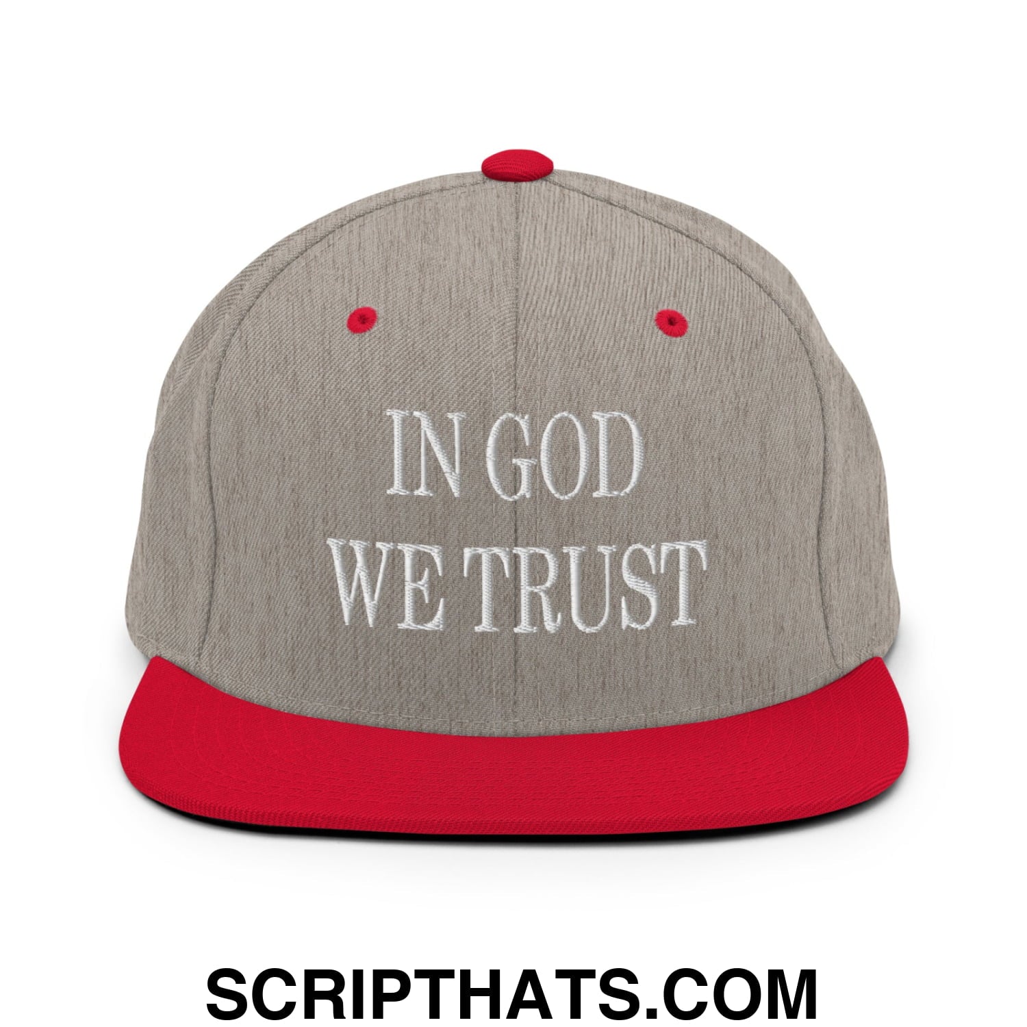 In God We Trust Embroidered Flat Bill Brim Snapback Hat Heather Grey Red