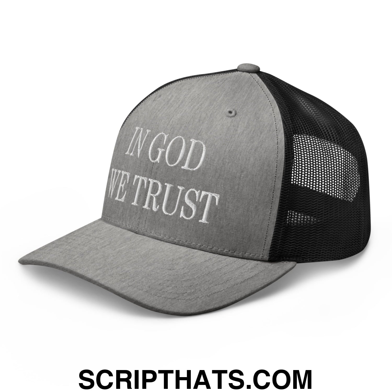In God We Trust Embroidered Mesh Trucker Hat Heather Black