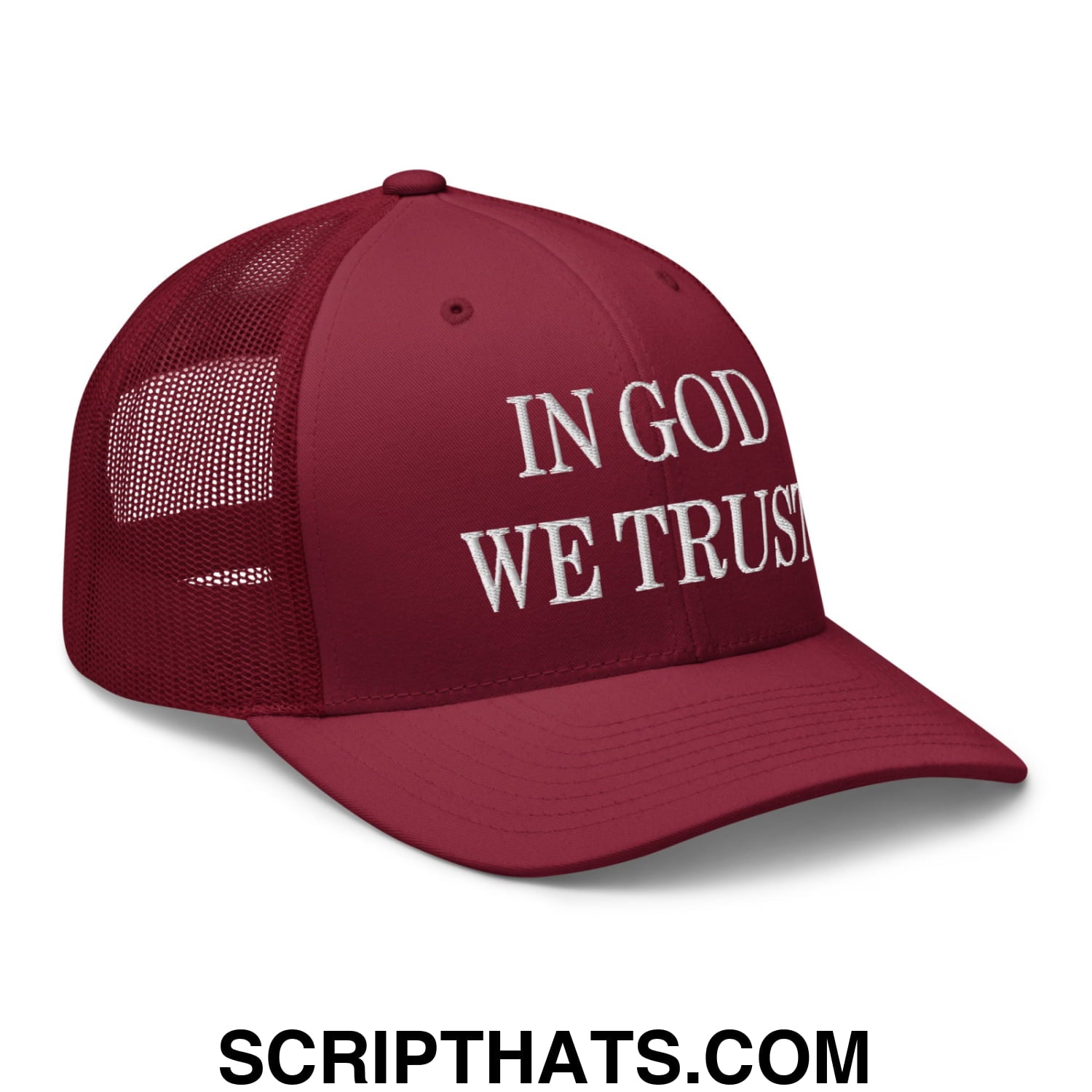 In God We Trust Embroidered Mesh Trucker Hat Cranberry
