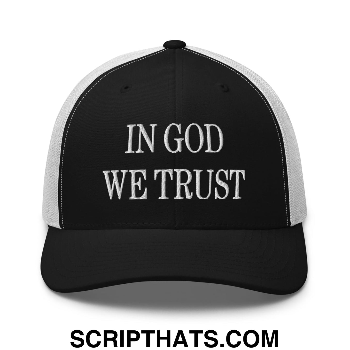 In God We Trust Embroidered Mesh Trucker Hat Black White