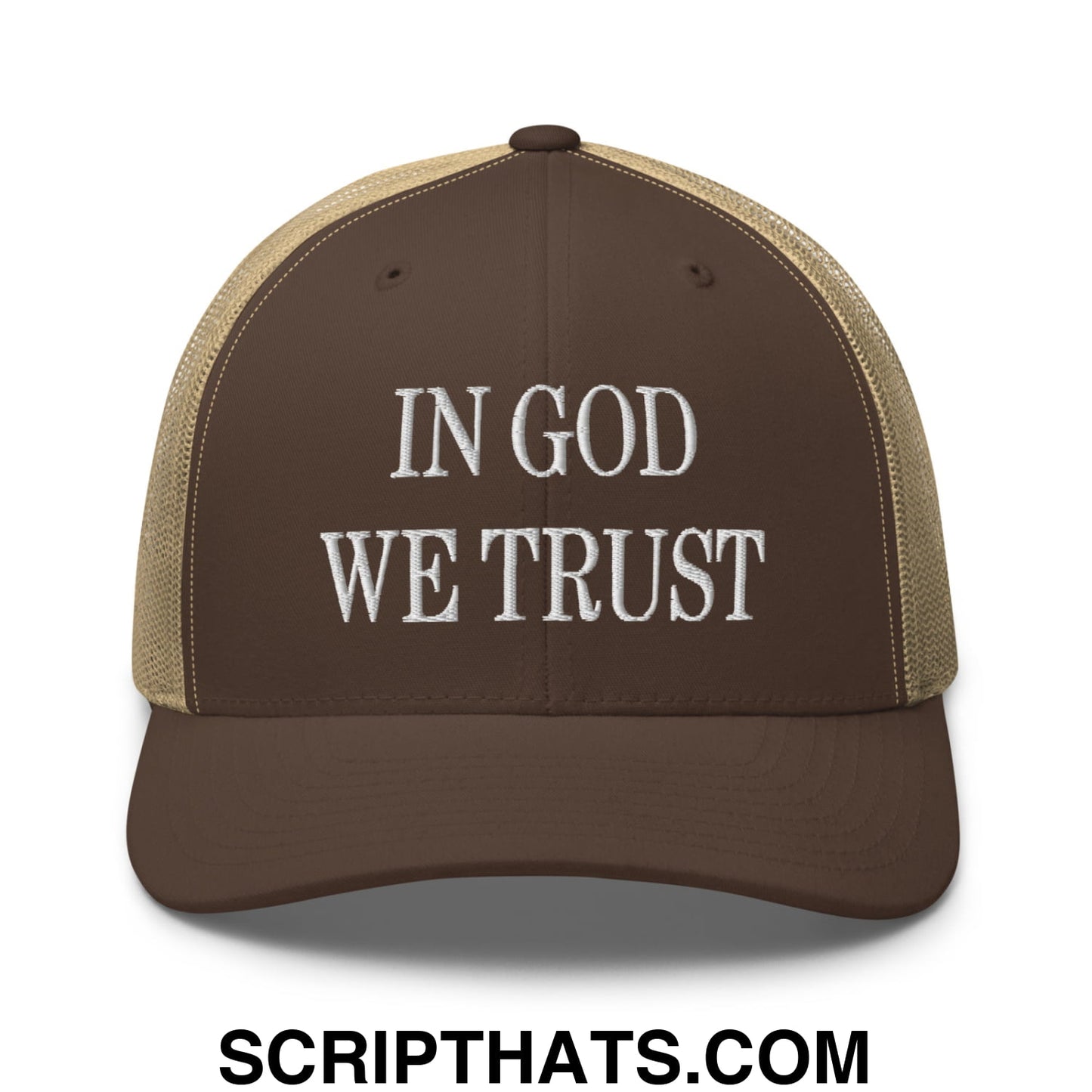 In God We Trust Embroidered Mesh Trucker Hat Brown Khaki