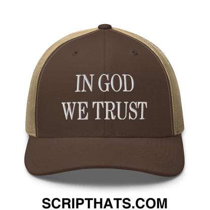 In God We Trust Embroidered Mesh Trucker Hat Brown Khaki