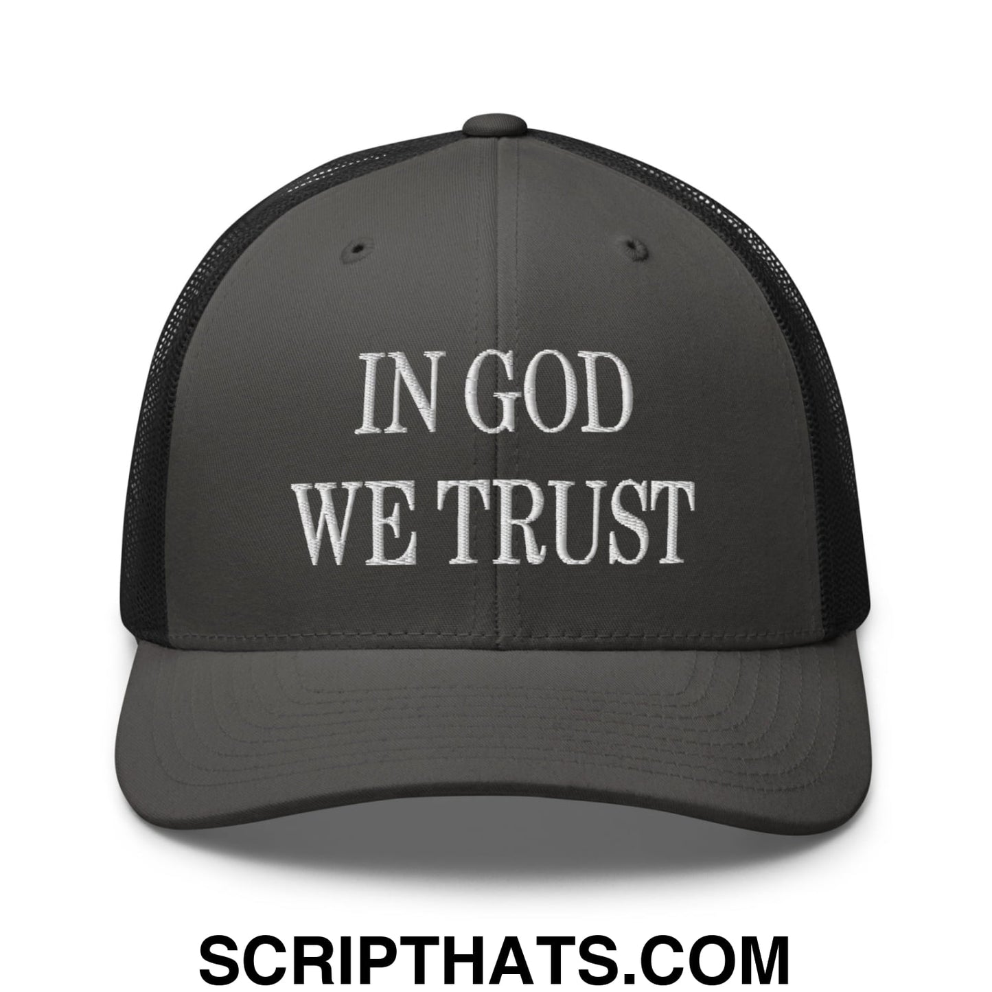 In God We Trust Embroidered Mesh Trucker Hat Charcoal Black