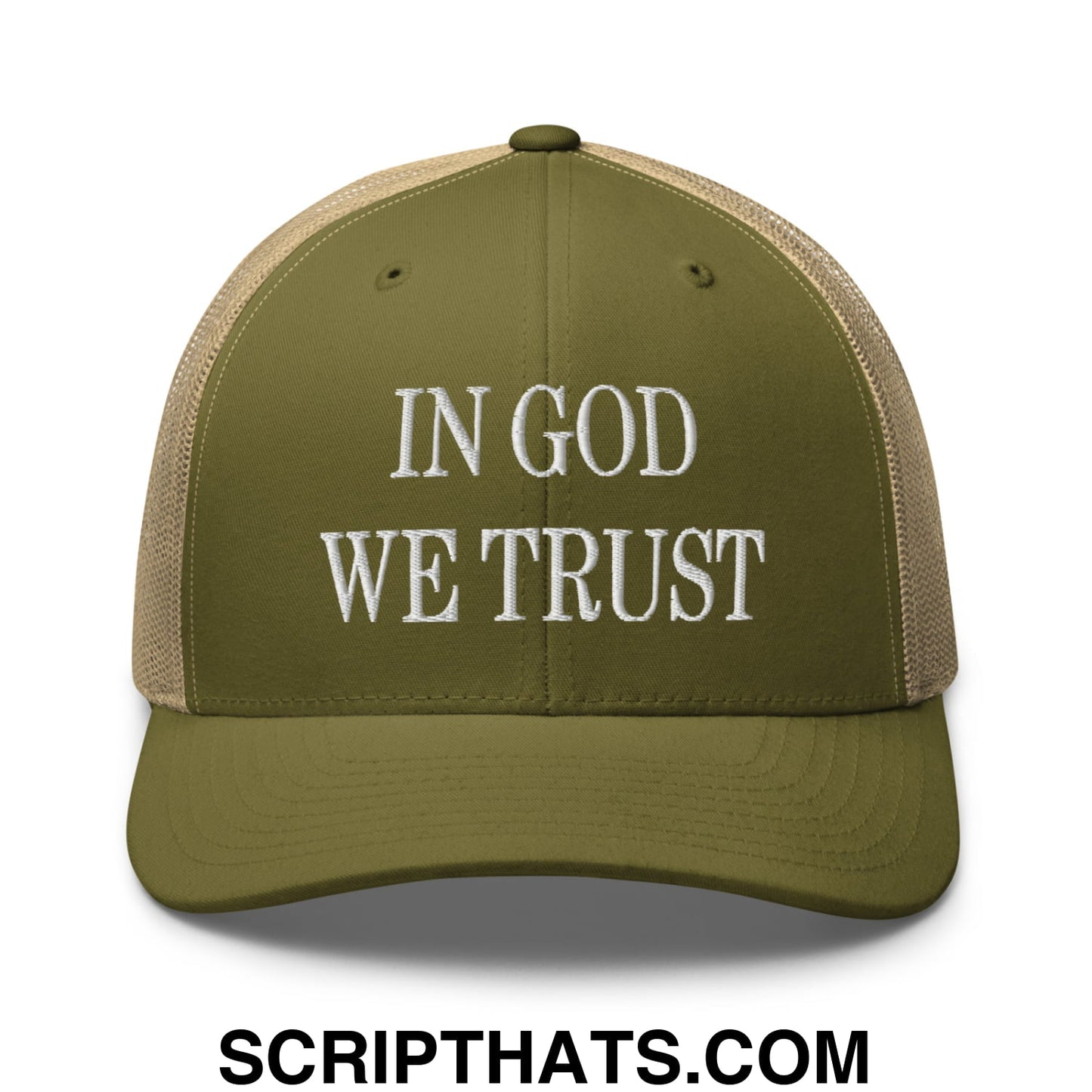 In God We Trust Embroidered Mesh Trucker Hat Moss Khaki