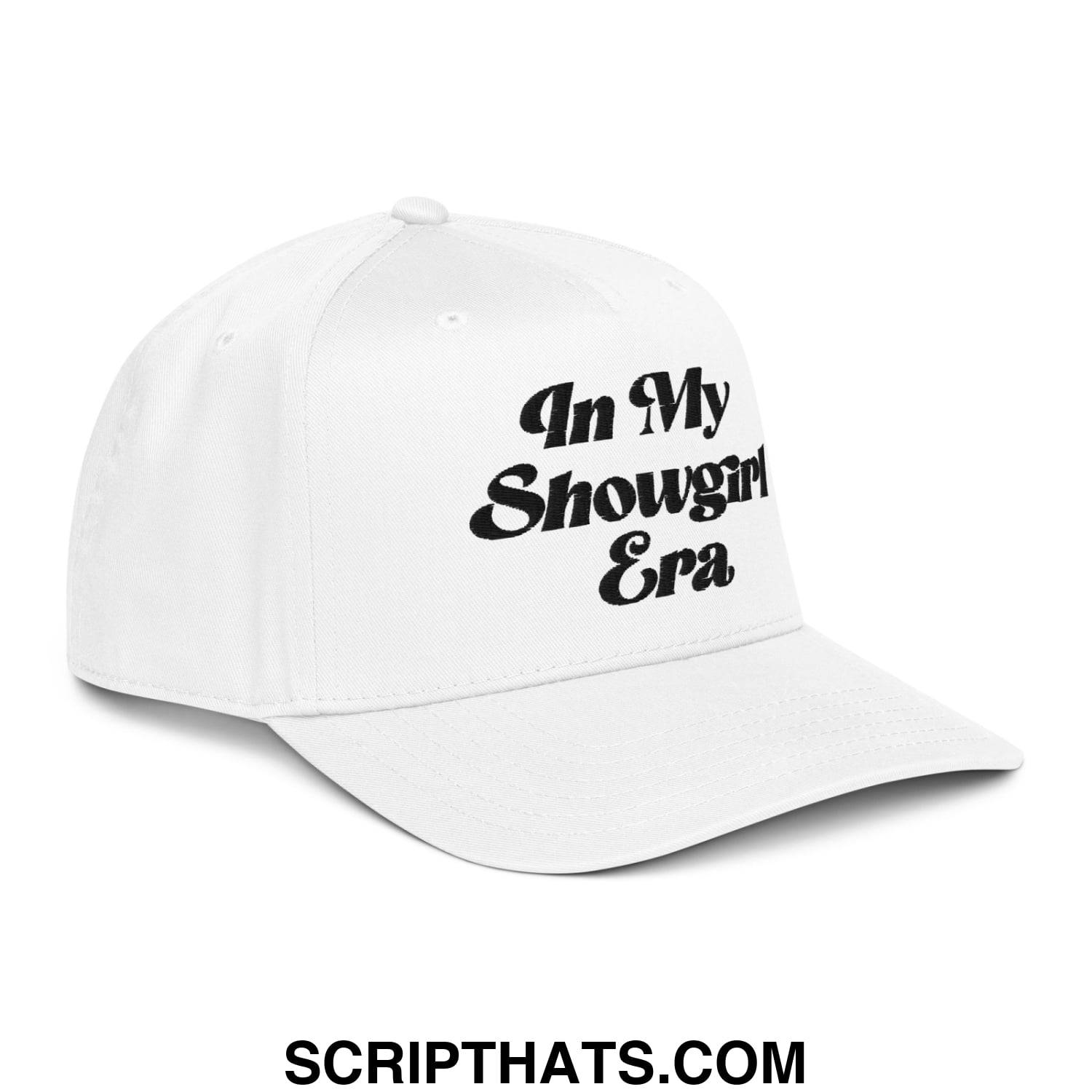 White baseball snapback hat with black embroidered text in my showgirl era on front panel