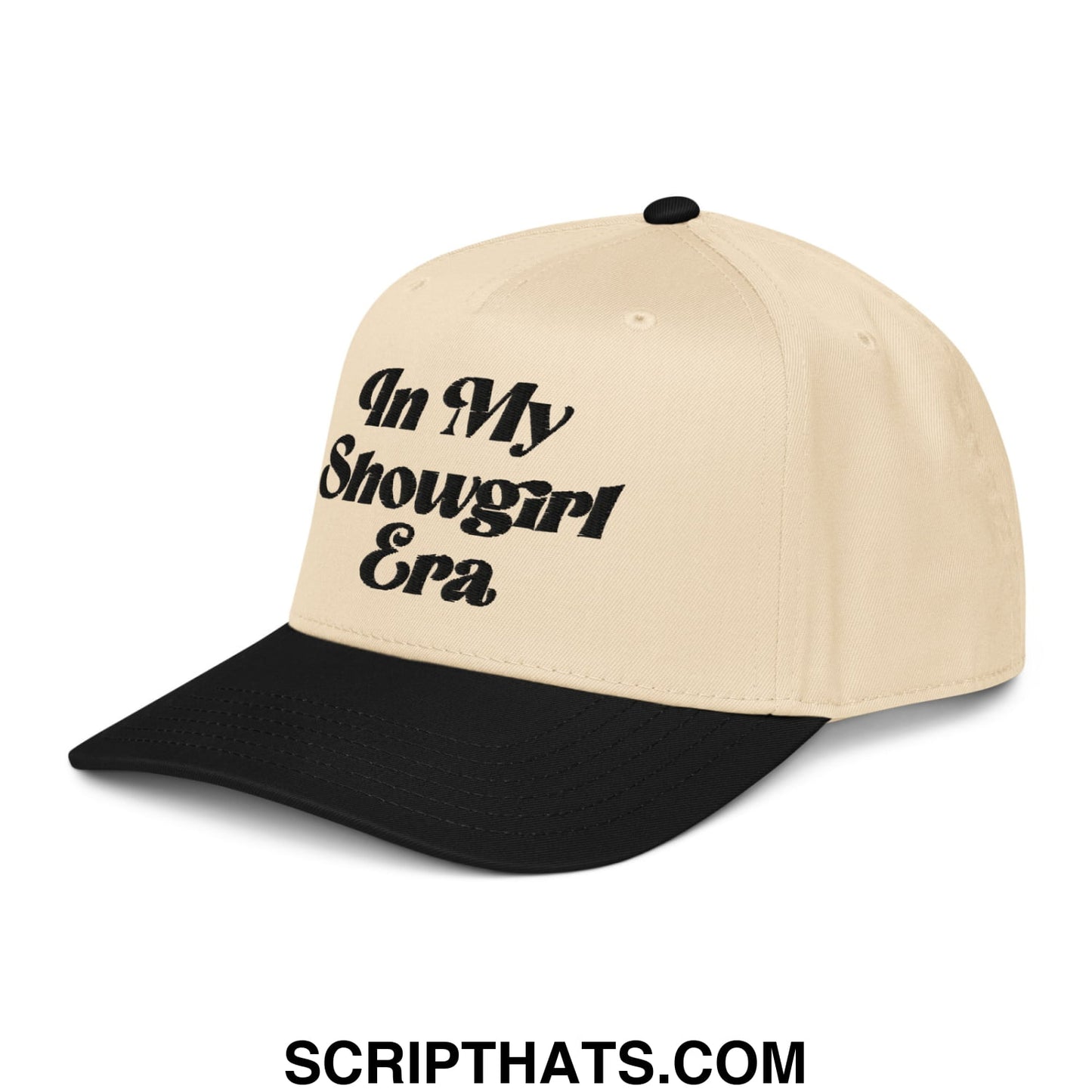 Beige and black embroidered baseball snapback hat with in my showgirl era script on front panel