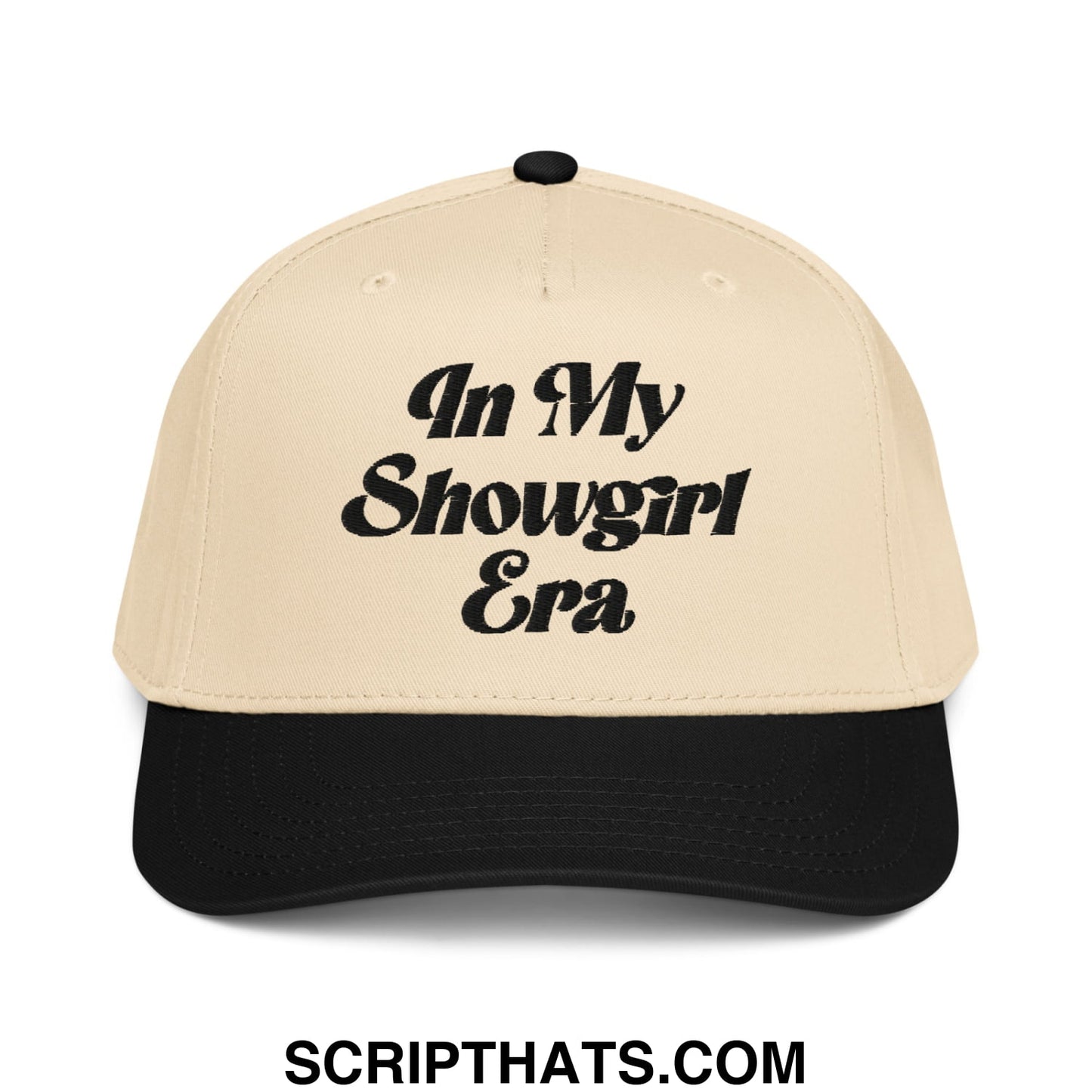 Beige and black baseball snapback hat with in my showgirl era embroidered in bold black script