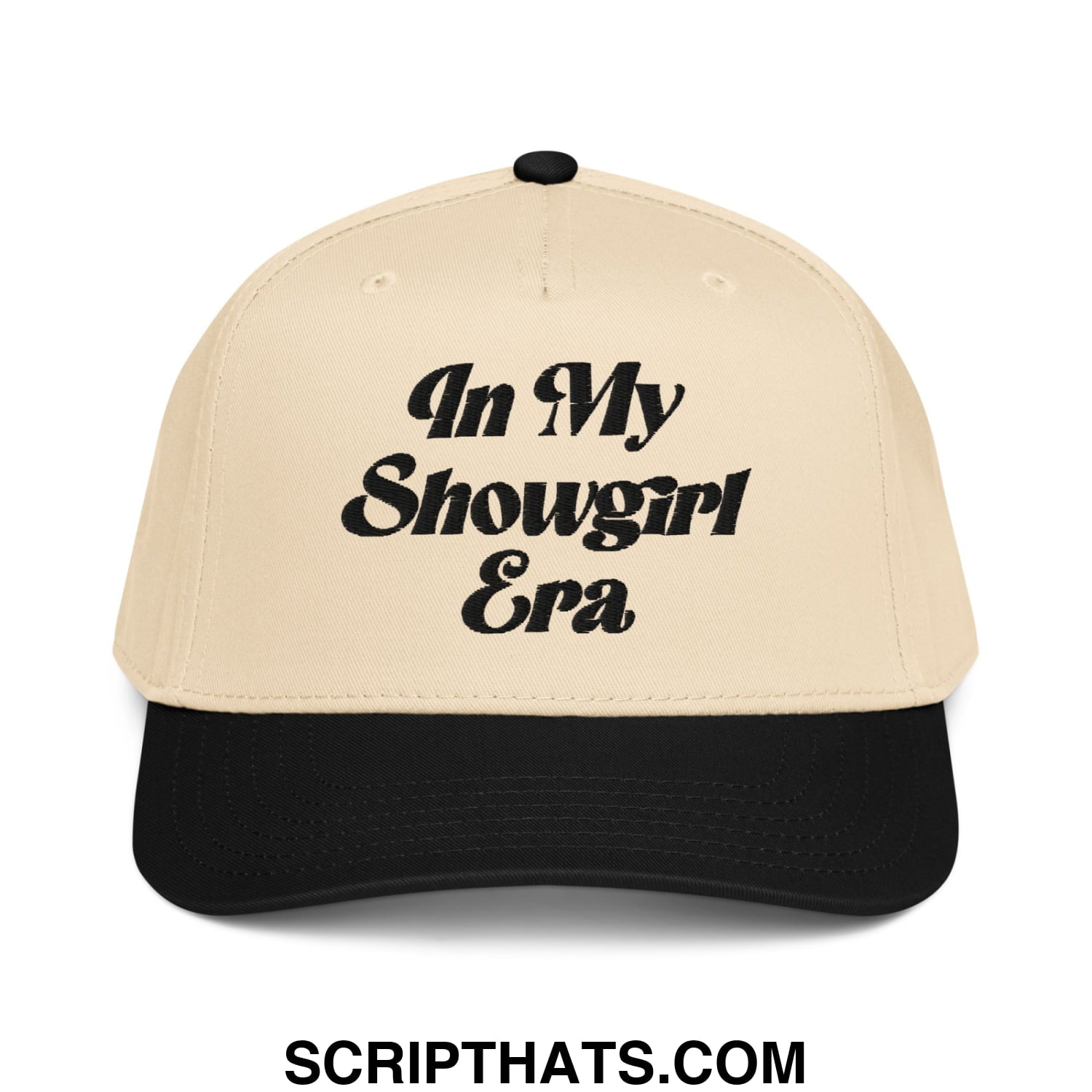 Beige and black baseball snapback hat with in my showgirl era embroidered in bold black script