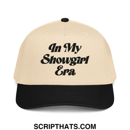 Beige and black baseball snapback hat with in my showgirl era embroidered in bold black script