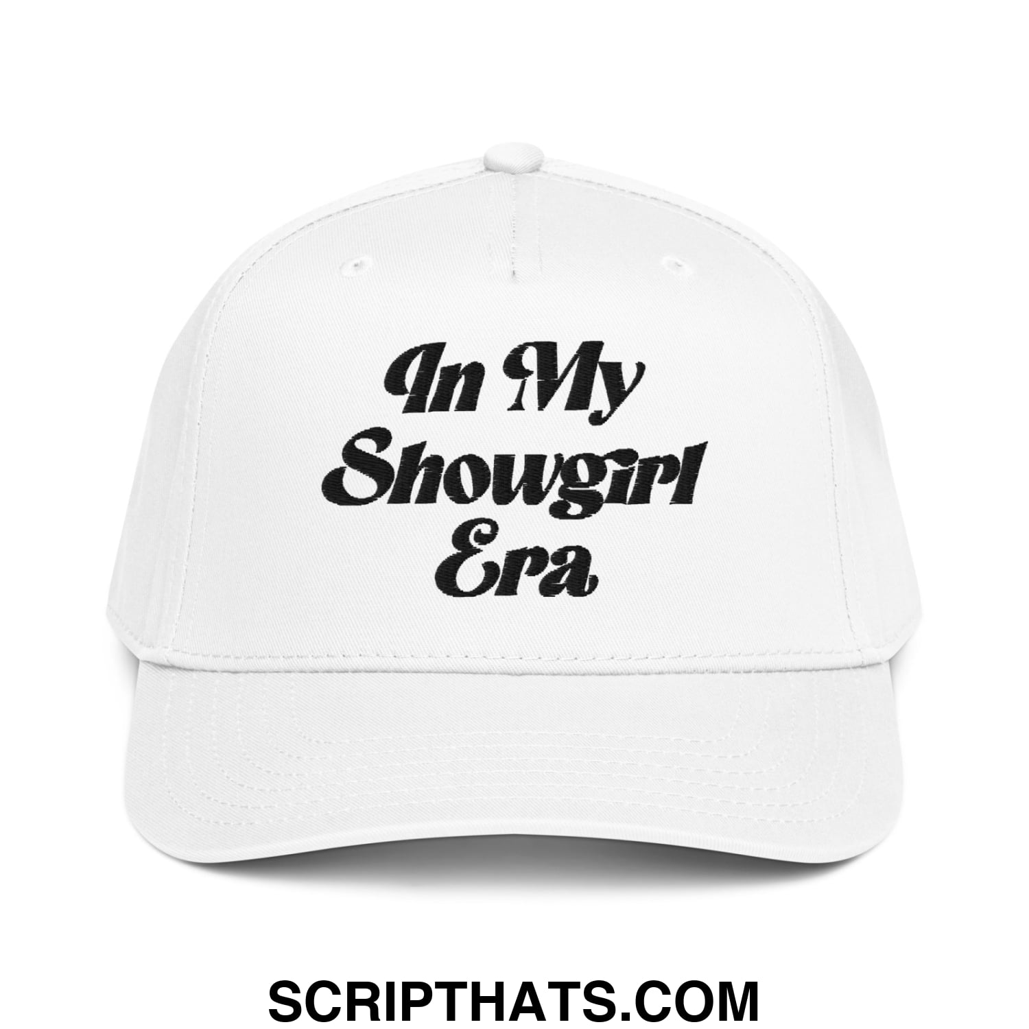 White baseball snapback hat with black embroidered text reading in my showgirl era on front panel