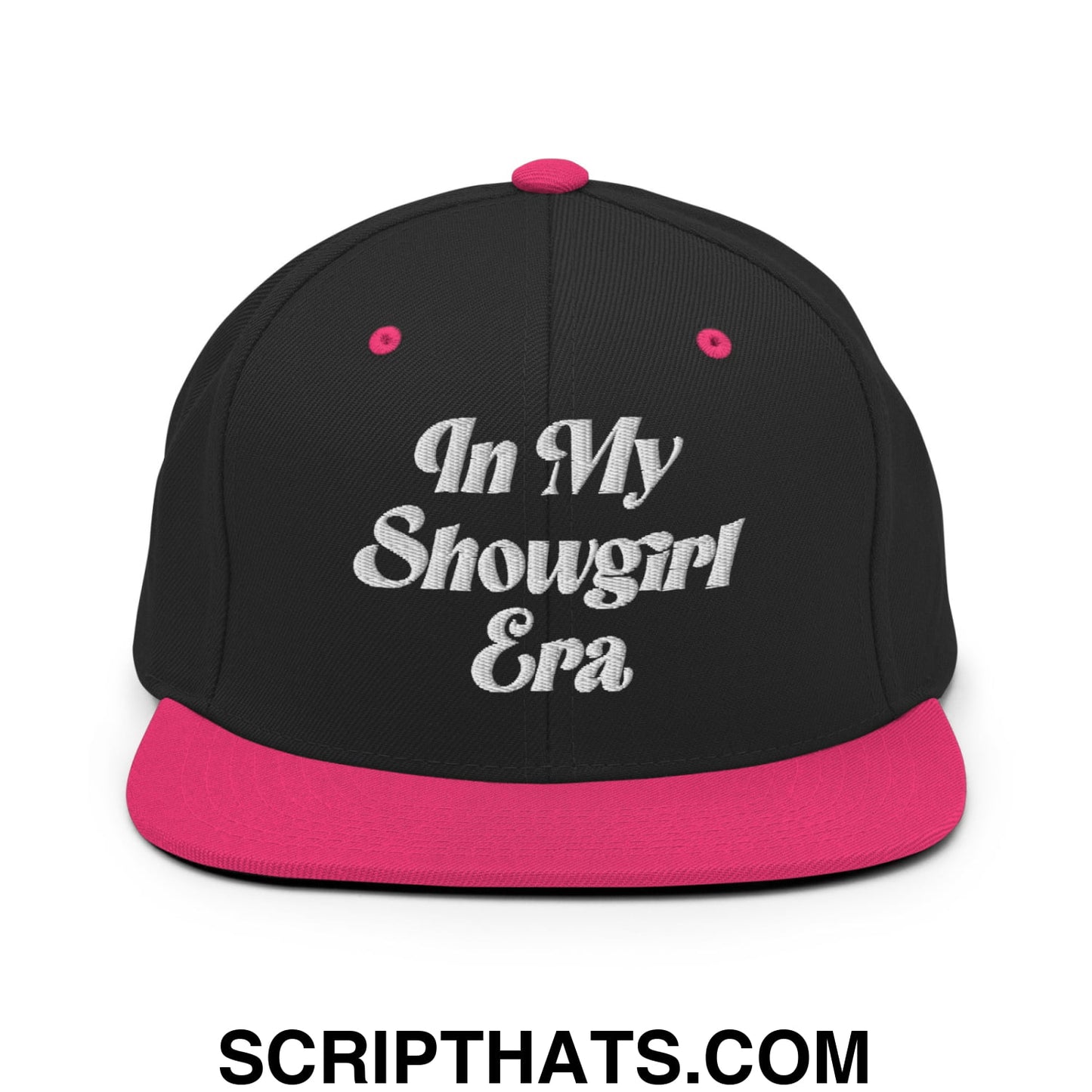 In My Showgirl Era Embroidered Flat Bill Brim Snapback Hat Black Neon Pink
