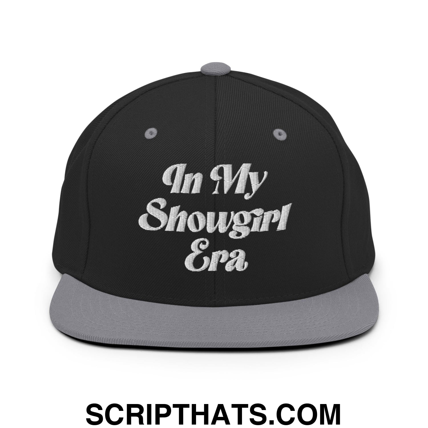 In My Showgirl Era Embroidered Flat Bill Brim Snapback Hat Black Silver