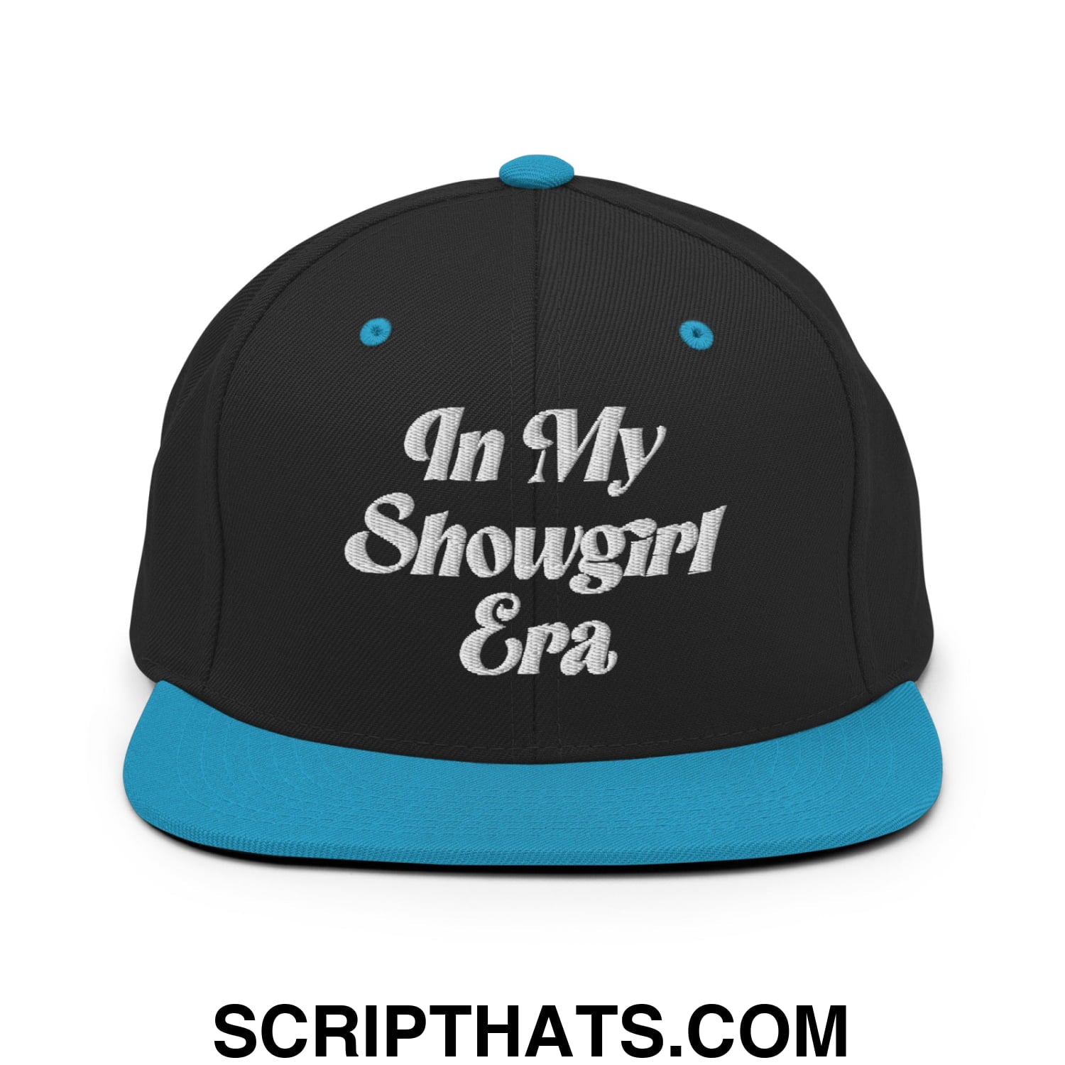 In My Showgirl Era Embroidered Flat Bill Brim Snapback Hat Black Teal