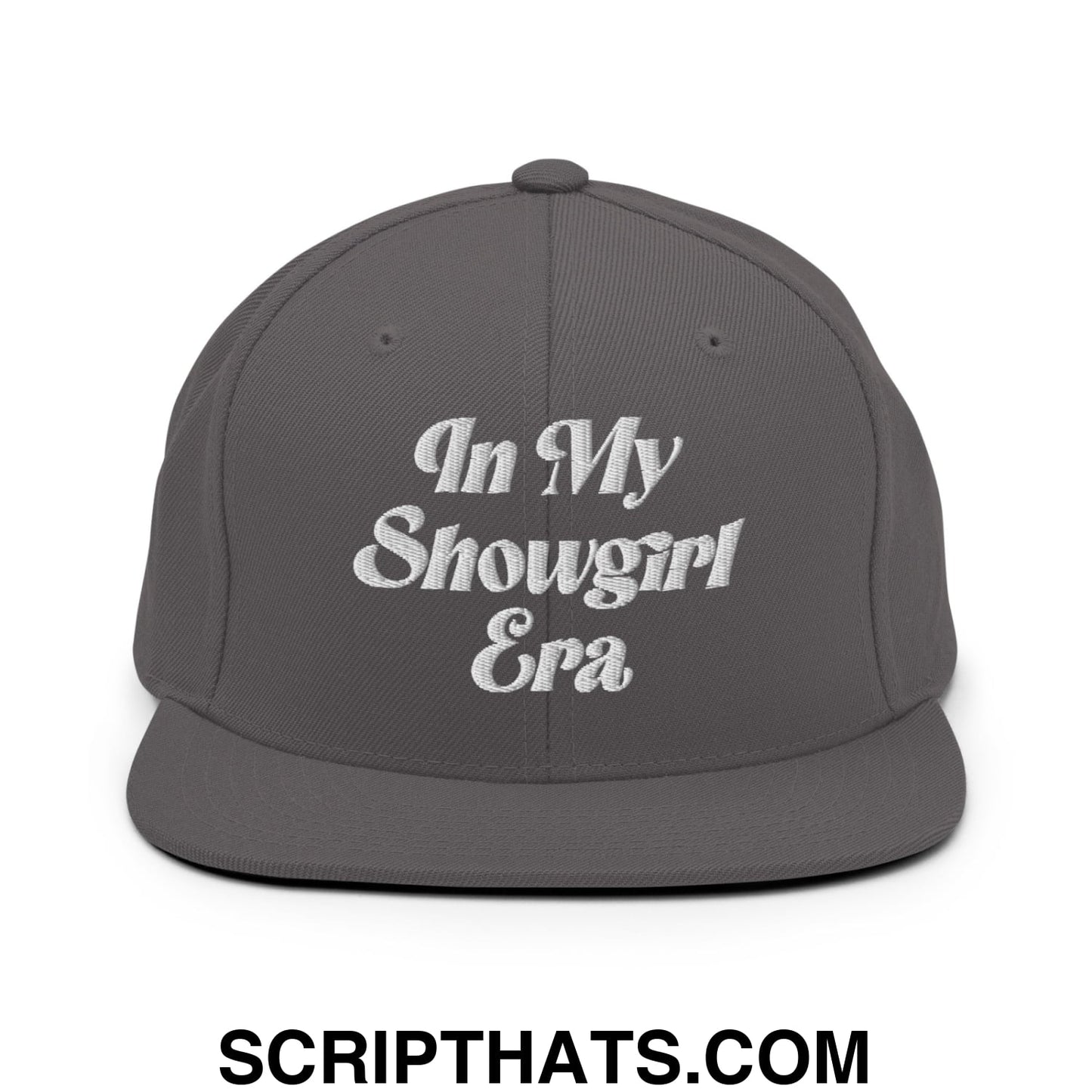 In My Showgirl Era Embroidered Flat Bill Brim Snapback Hat Dark Grey