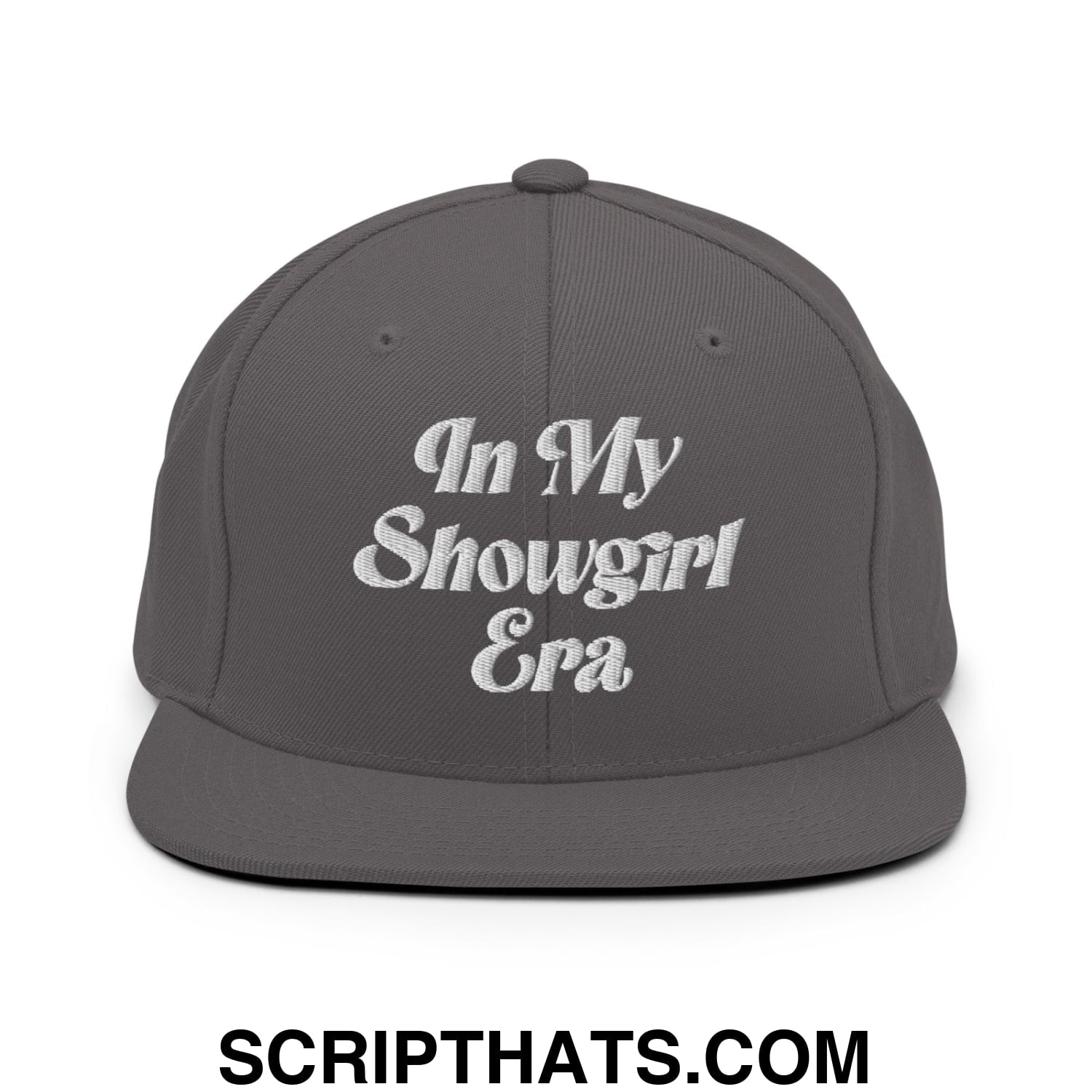 In My Showgirl Era Embroidered Flat Bill Brim Snapback Hat Dark Grey
