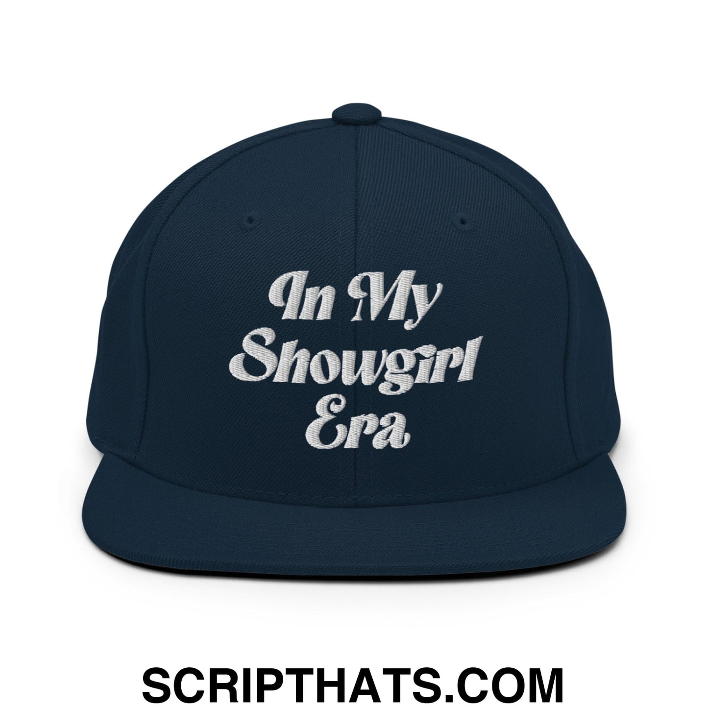 In My Showgirl Era Embroidered Flat Bill Brim Snapback Hat Dark Navy