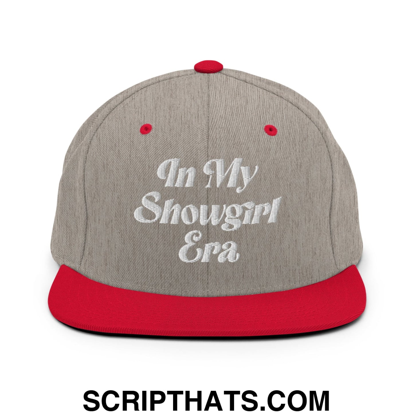 In My Showgirl Era Embroidered Flat Bill Brim Snapback Hat Heather Grey Red