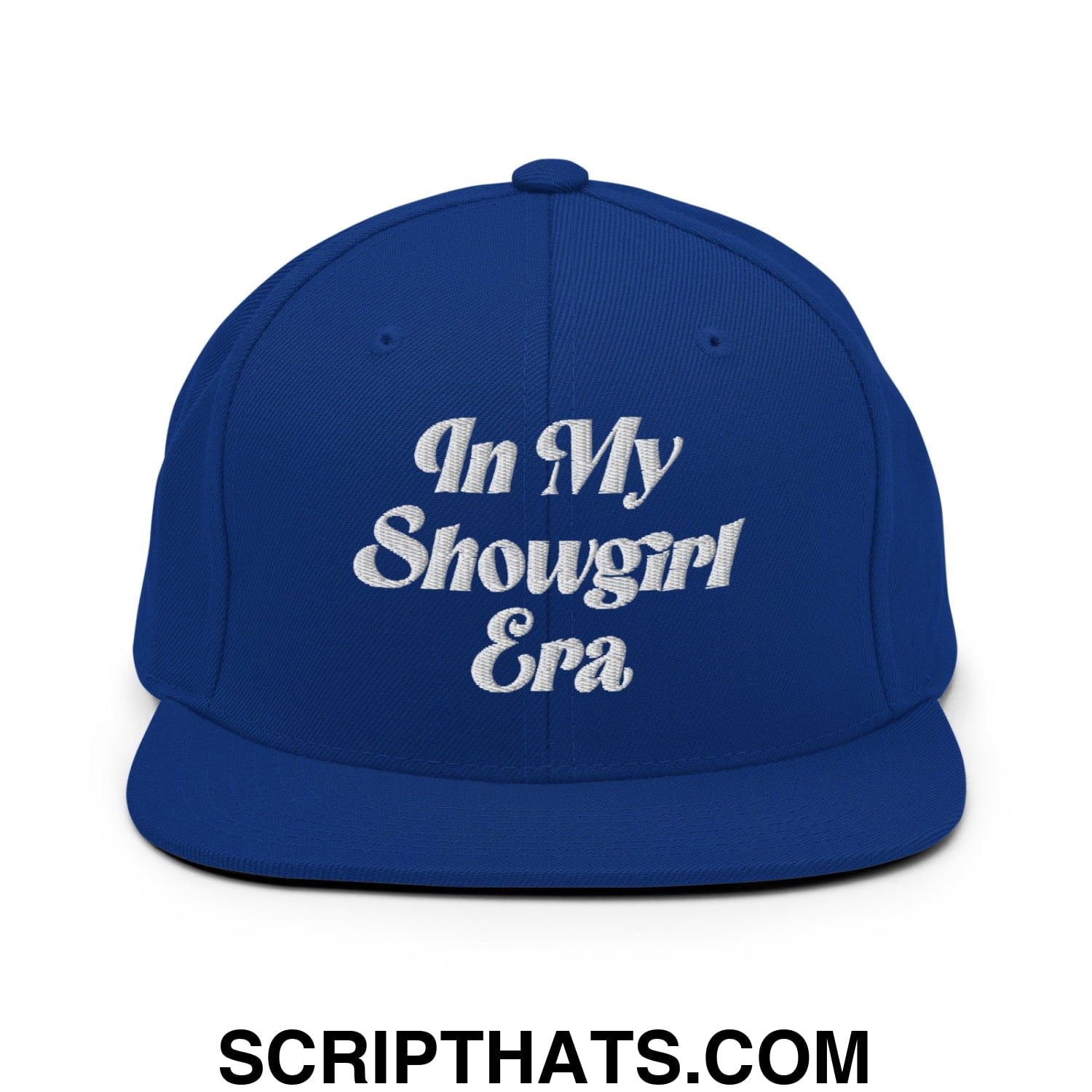 In My Showgirl Era Embroidered Flat Bill Brim Snapback Hat Royal Blue