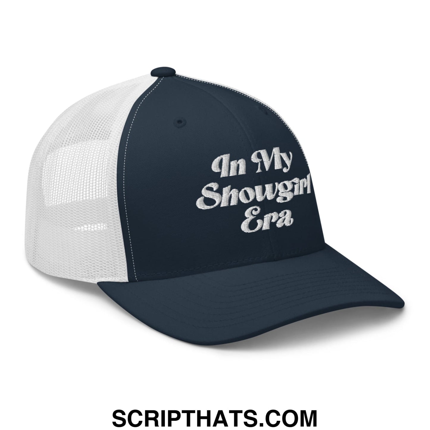 Navy blue and white mesh trucker hat with embroidered in my showgirl era text in stylized script font