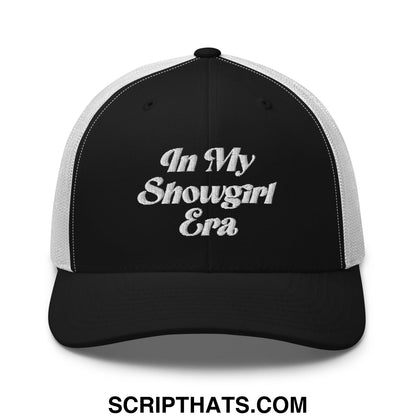 Black and white mesh trucker hat with embroidered in my showgirl era text in stylized script font
