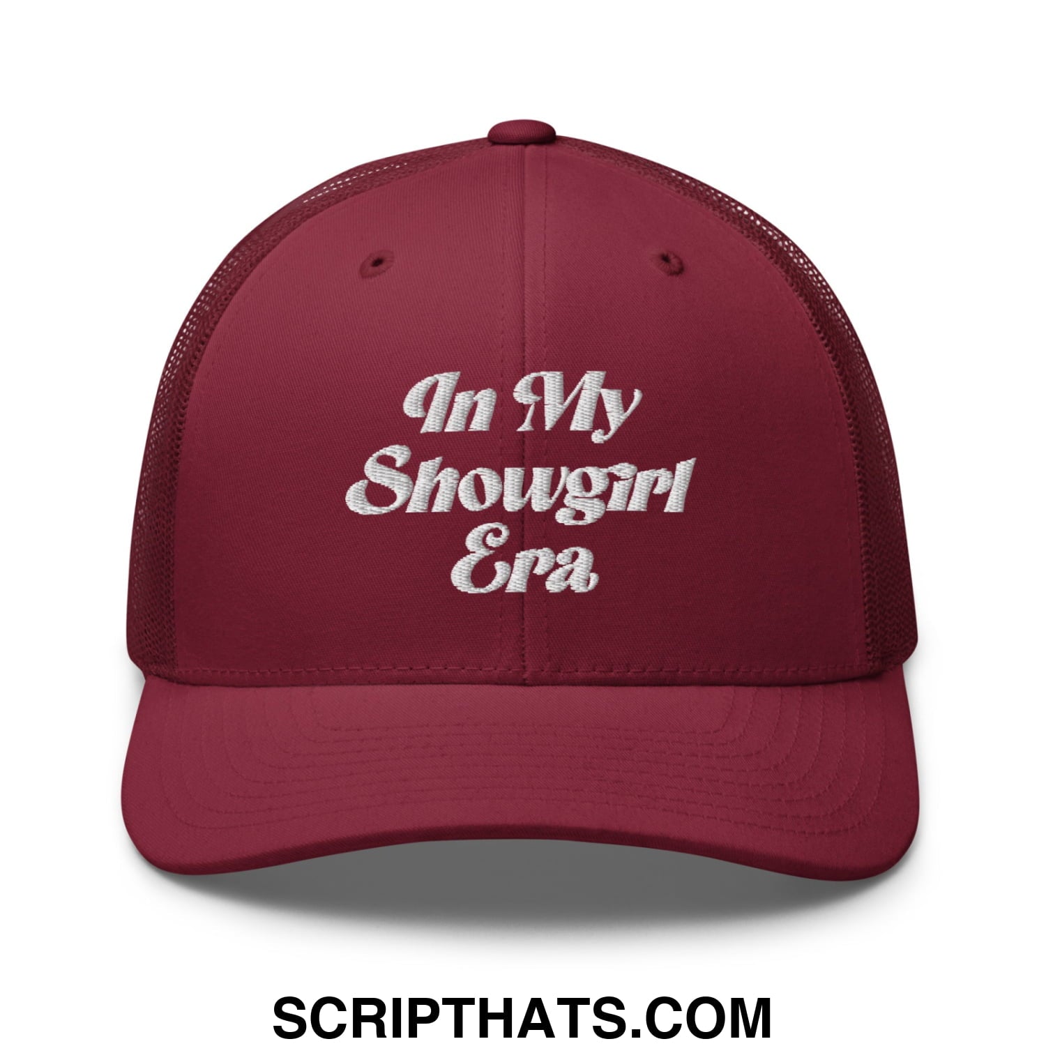 Maroon embroidered mesh trucker hat with white text reading in my showgirl era for casual wear