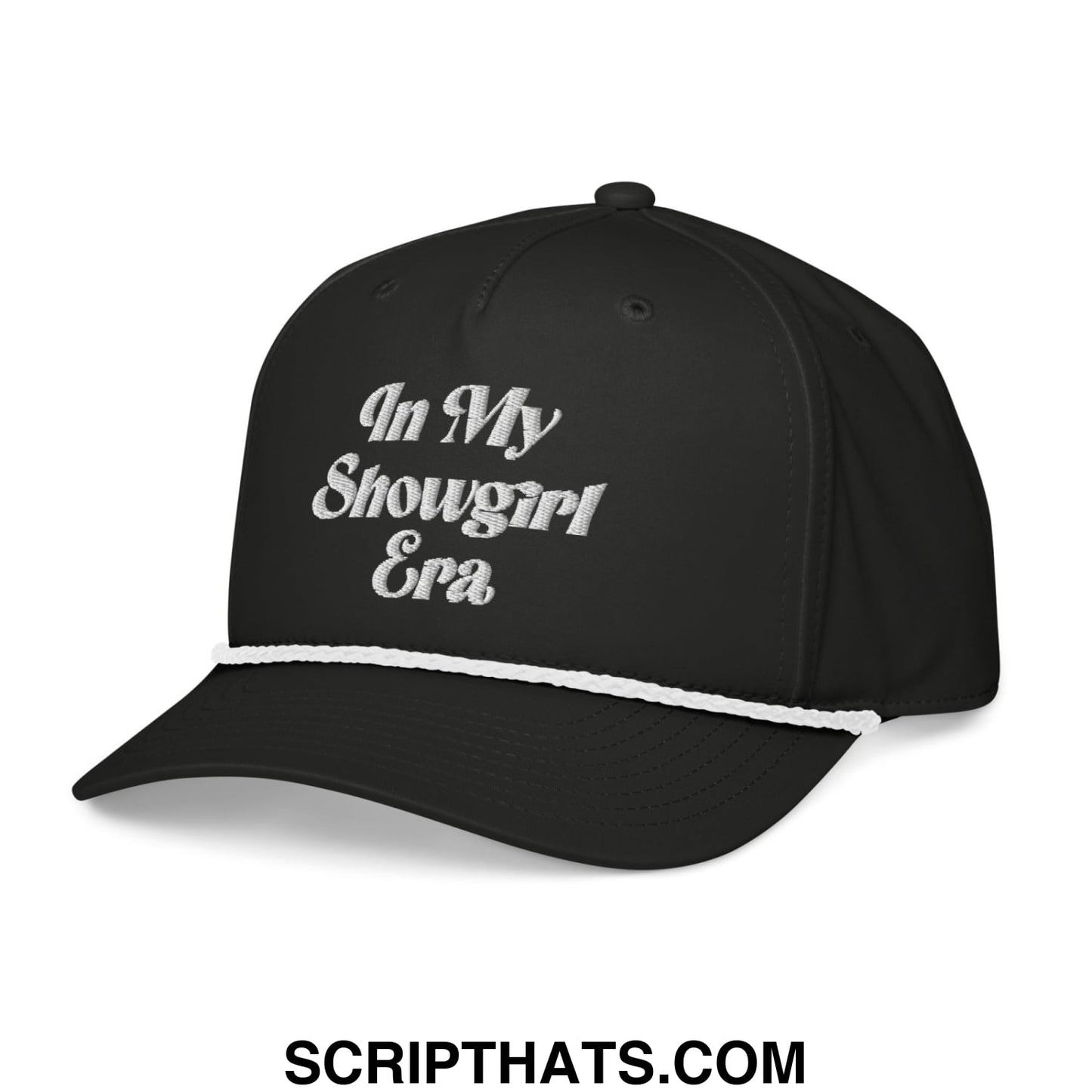 Black baseball cap with white embroidered in my showgirl era text and contrasting white brim trim rope hat