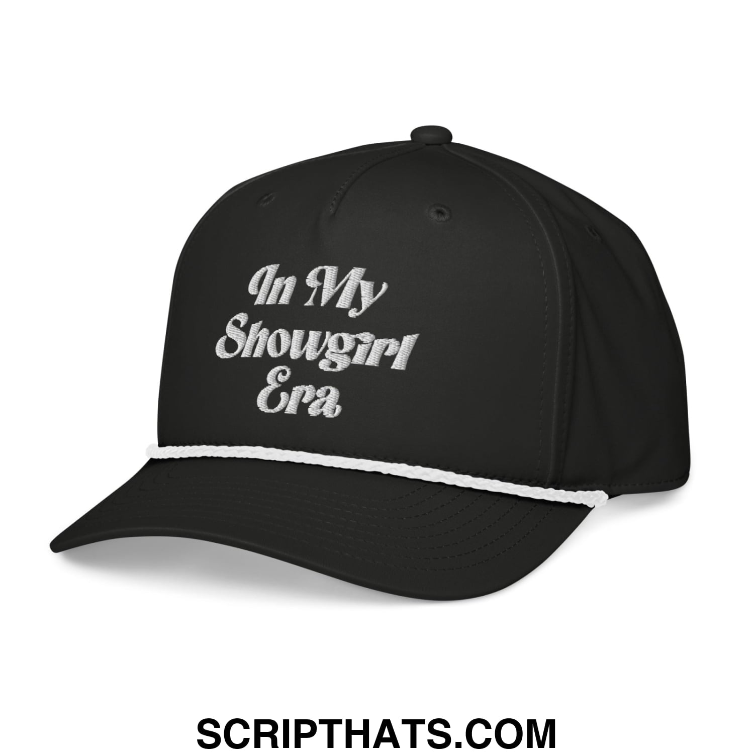 Black baseball cap with white embroidered in my showgirl era text and contrasting white brim trim rope hat