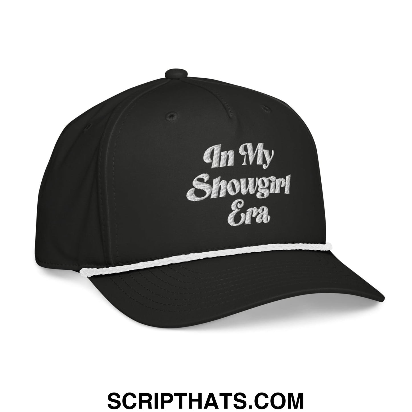 Black embroidered rope baseball cap with white in my showgirl era text and contrasting white brim stripe