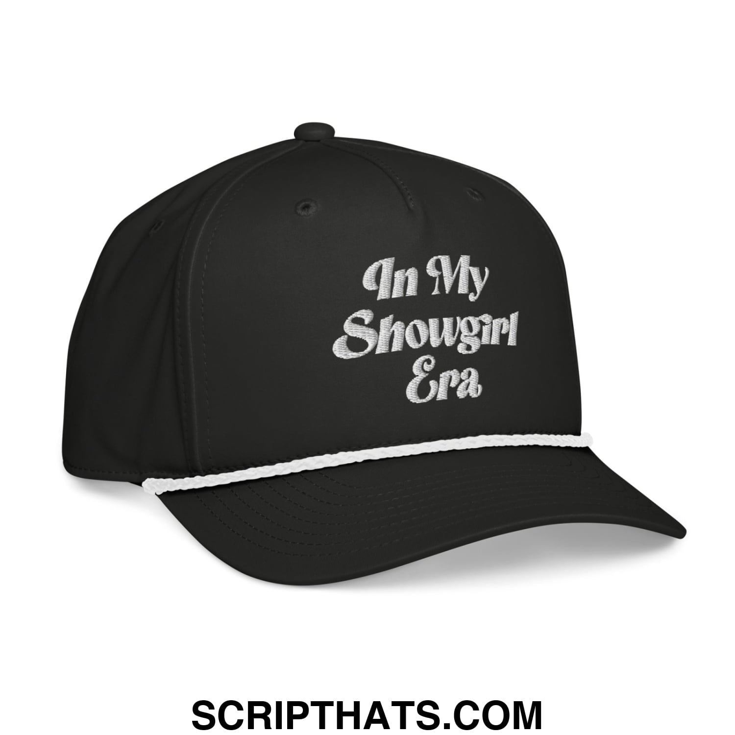 Black embroidered rope baseball cap with white in my showgirl era text and contrasting white brim stripe