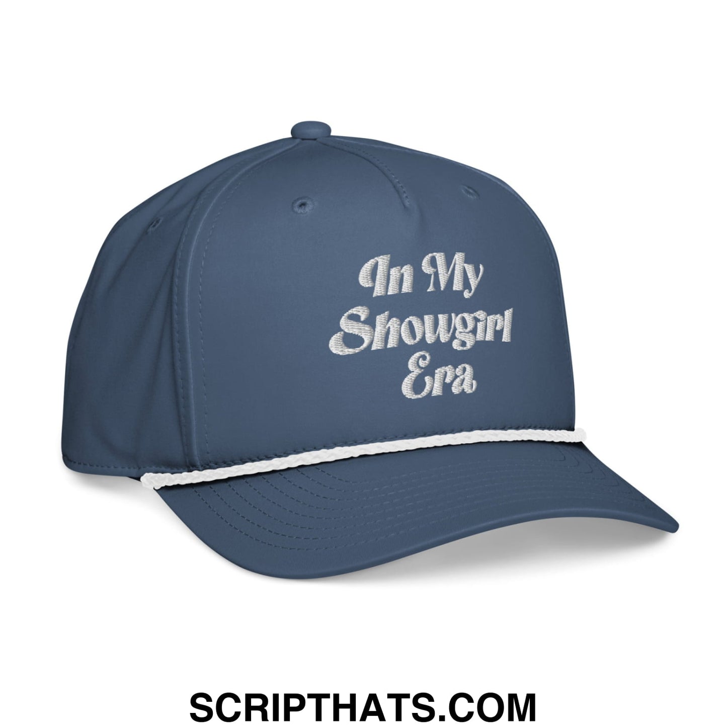 Navy blue baseball cap with white embroidered in my showgirl era text and white contrasting brim stripe rope hat
