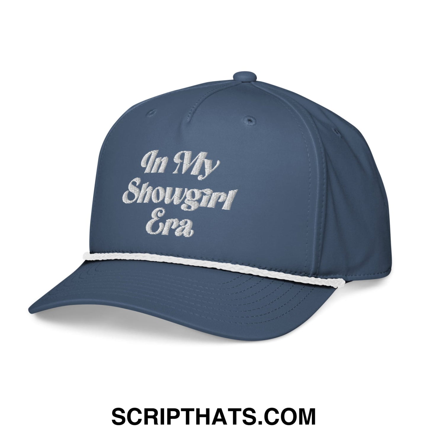 Navy blue embroidered rope hat with white text in my showgirl era and contrasting white brim trim