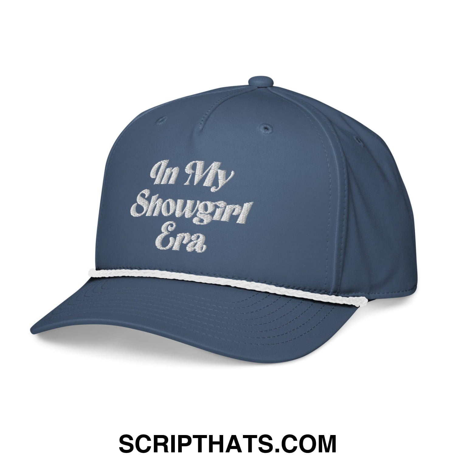Navy blue embroidered rope hat with white text in my showgirl era and contrasting white brim trim