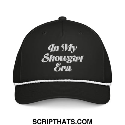 Black baseball cap with white embroidered in my showgirl era text and a contrasting white brim stripe
