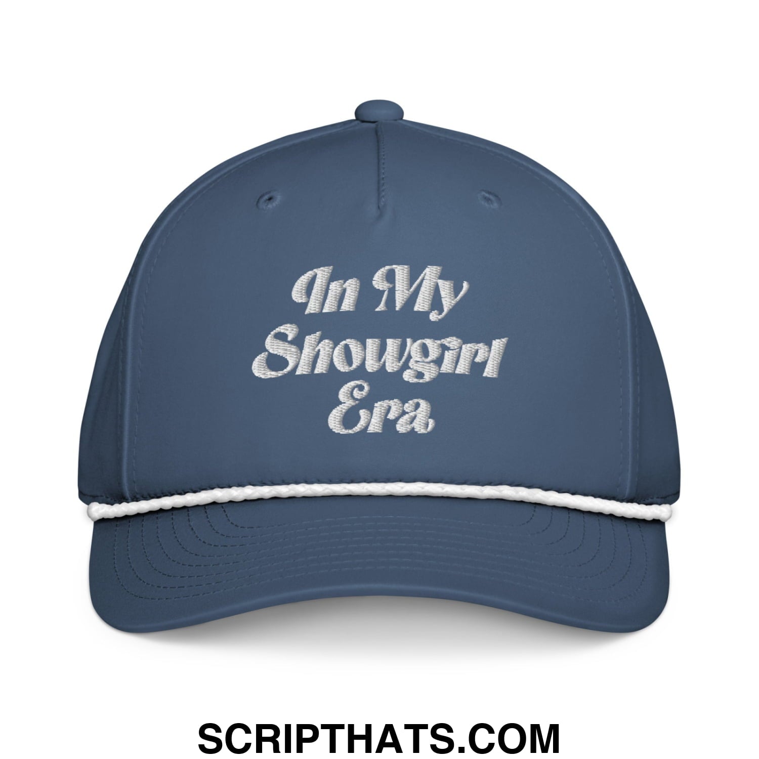A navy blue embroidered rope hat with white stitched brim and text in my showgirl era on the front
