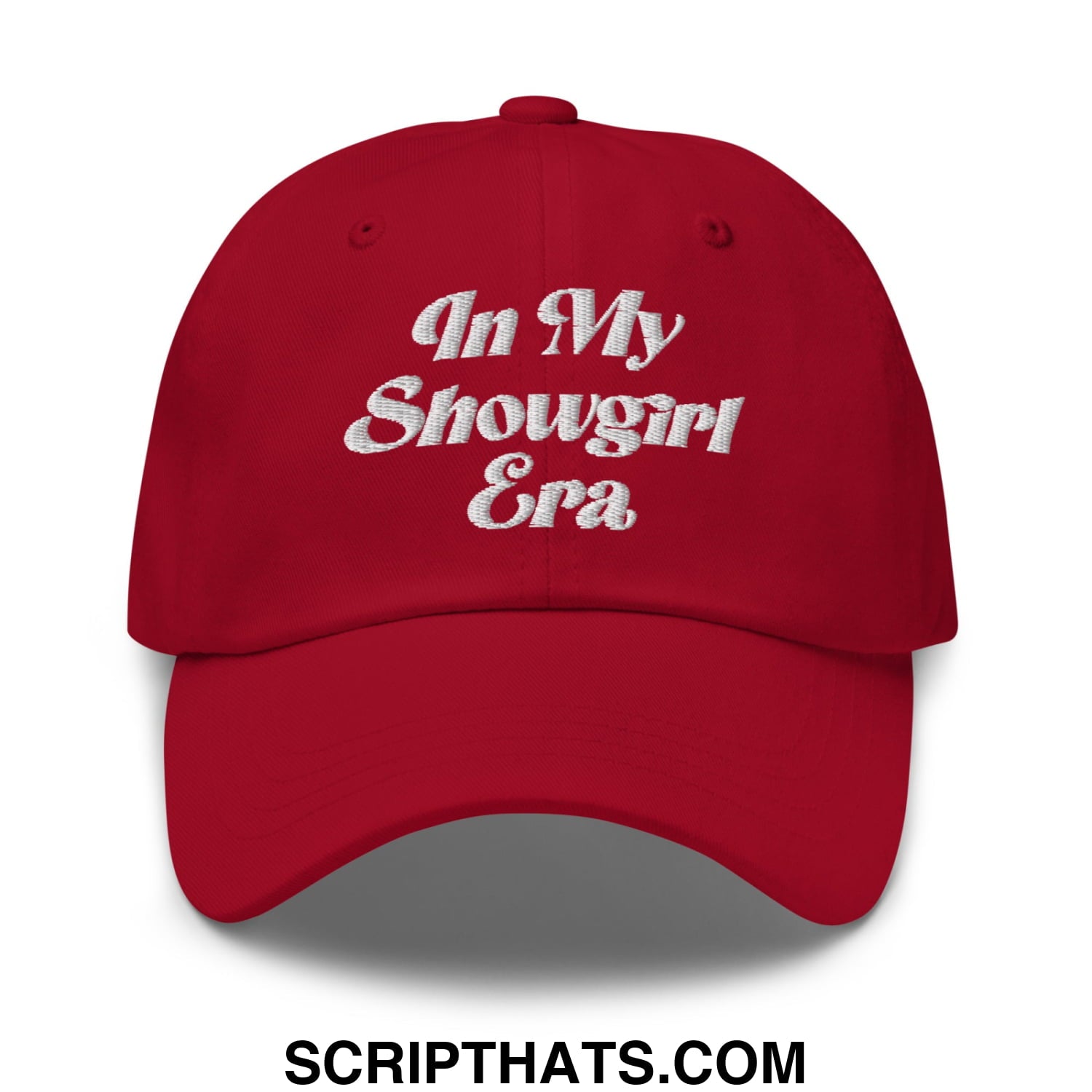 Red unstructured dad hat with white embroidered in my showgirl era text perfect for casual wear